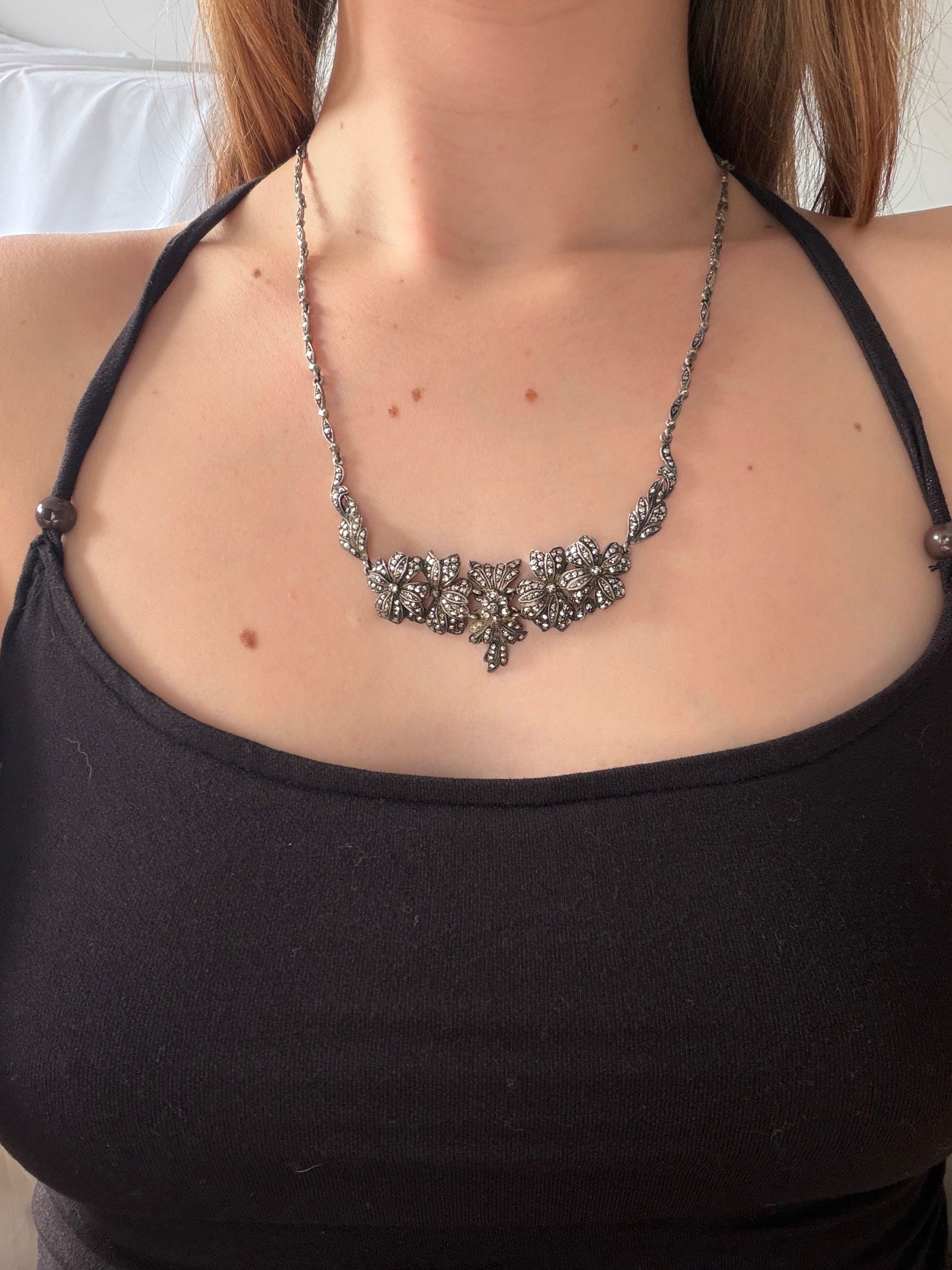 antique silver marcasite floral necklace - 3