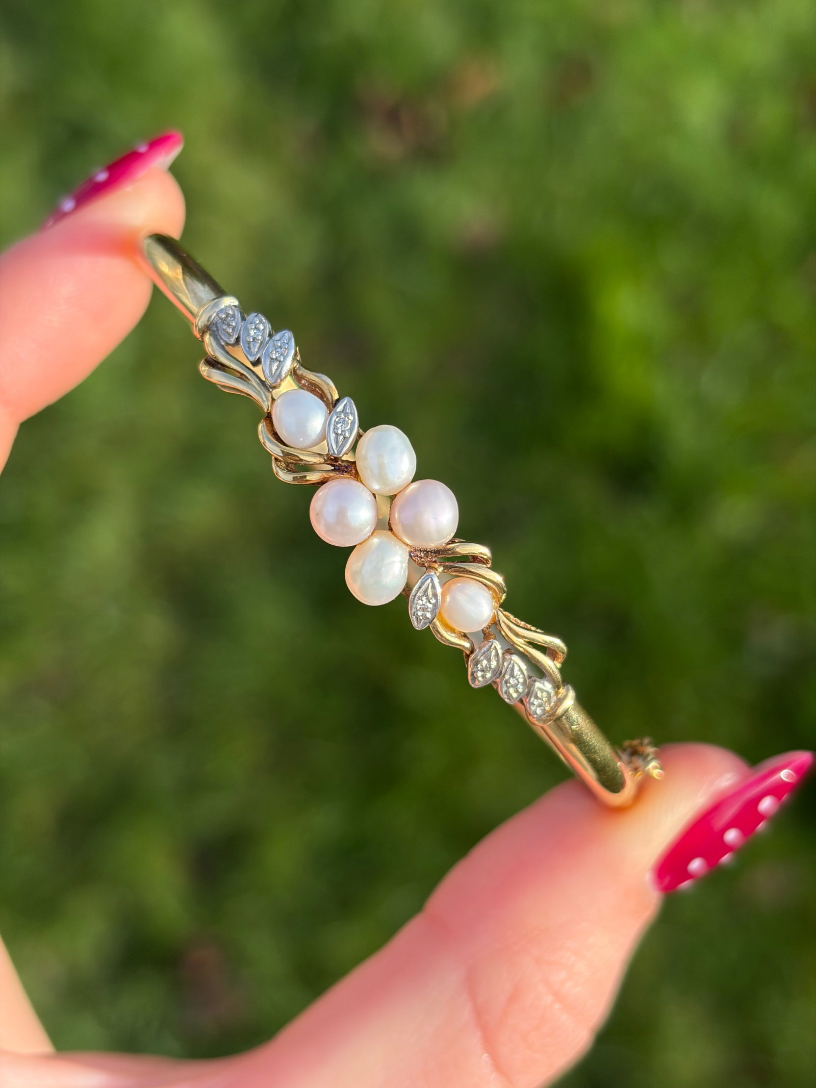 Antique 9ct Gold Diamond And Pearl Bangle Bracelet - 10