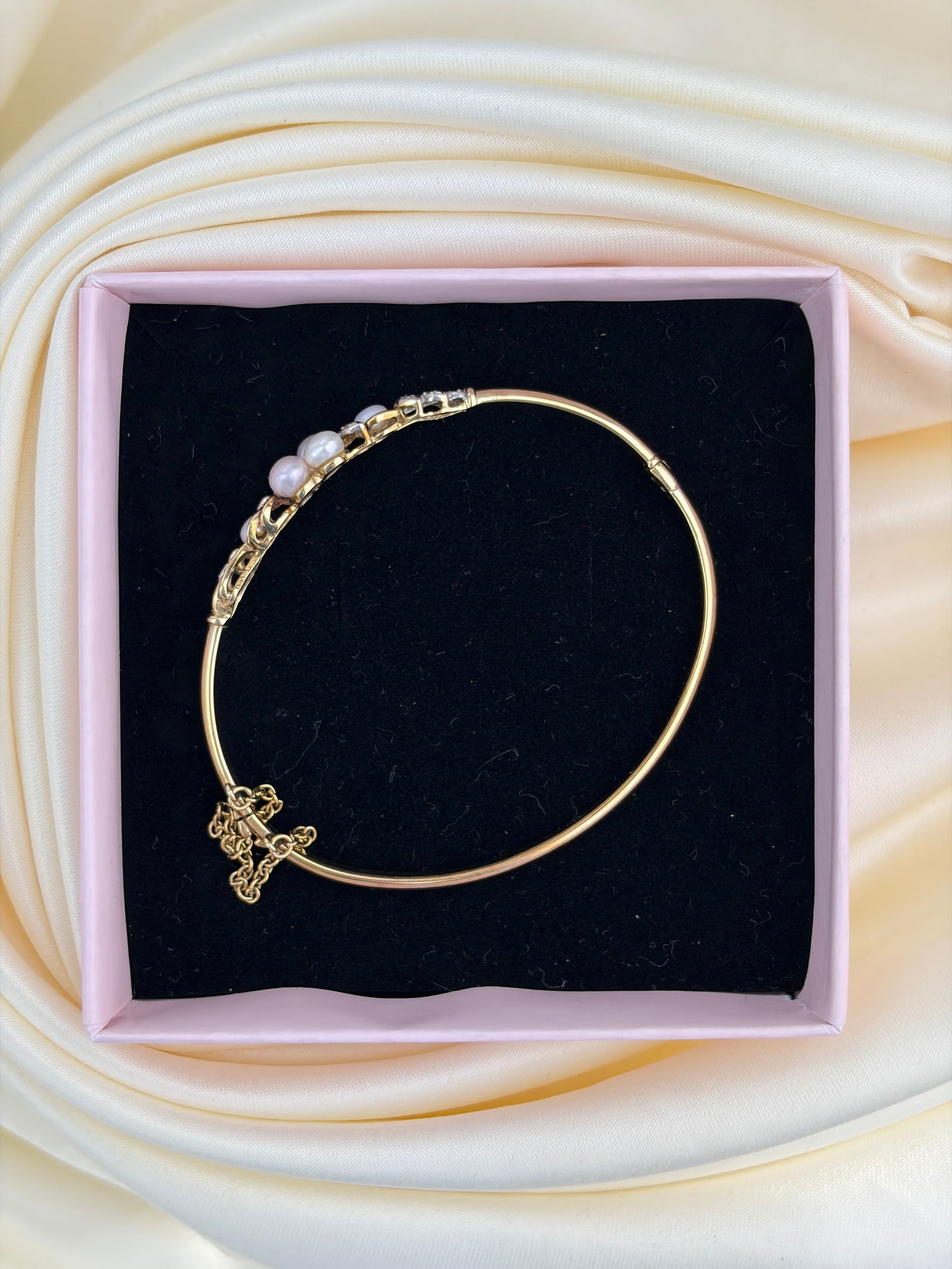 Antique 9ct Gold Diamond And Pearl Bangle Bracelet - 6