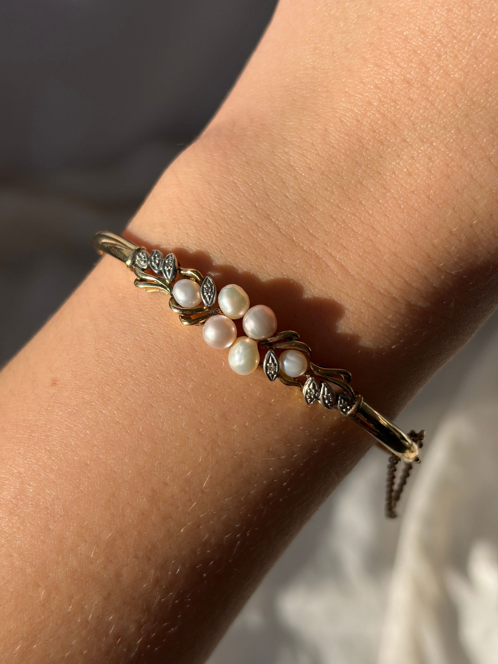 Antique 9ct Gold Diamond And Pearl Bangle Bracelet - 9