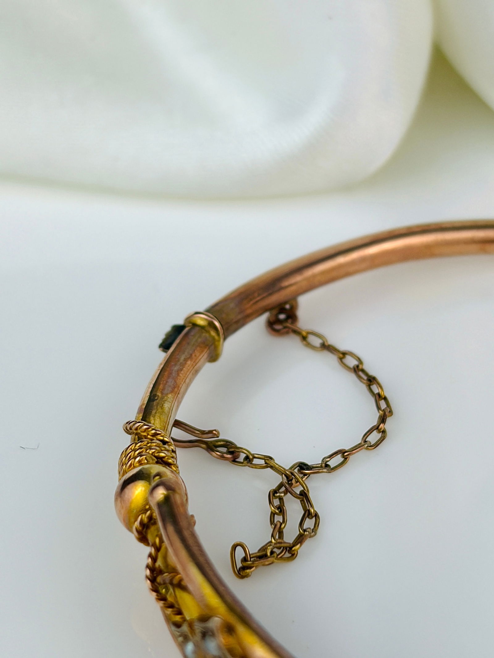 Antique 9ct gold ornate pearl bangle bracelet in antique box - 6