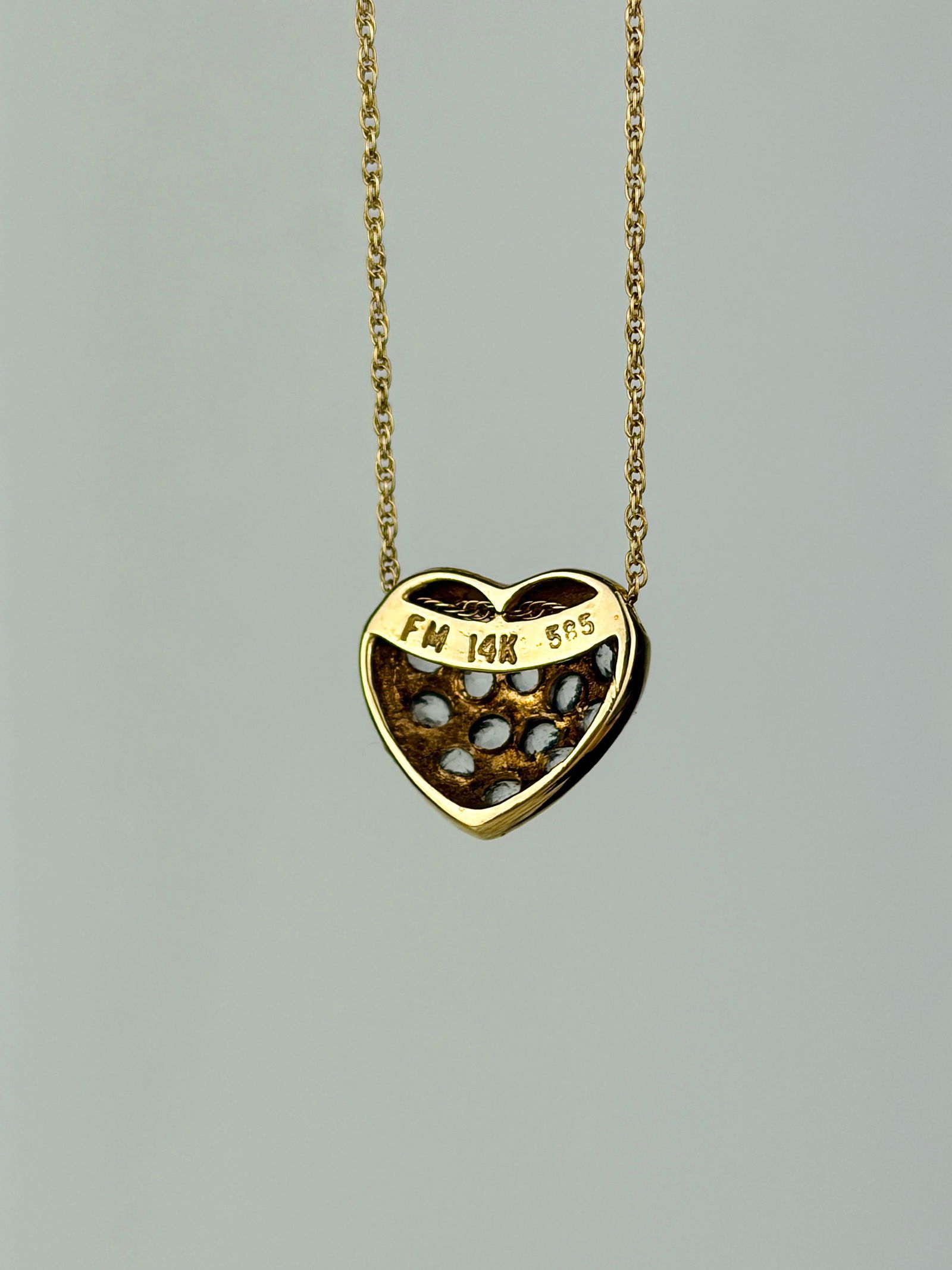 vintage 14ct yellow gold pave heart pendant on chain - 4