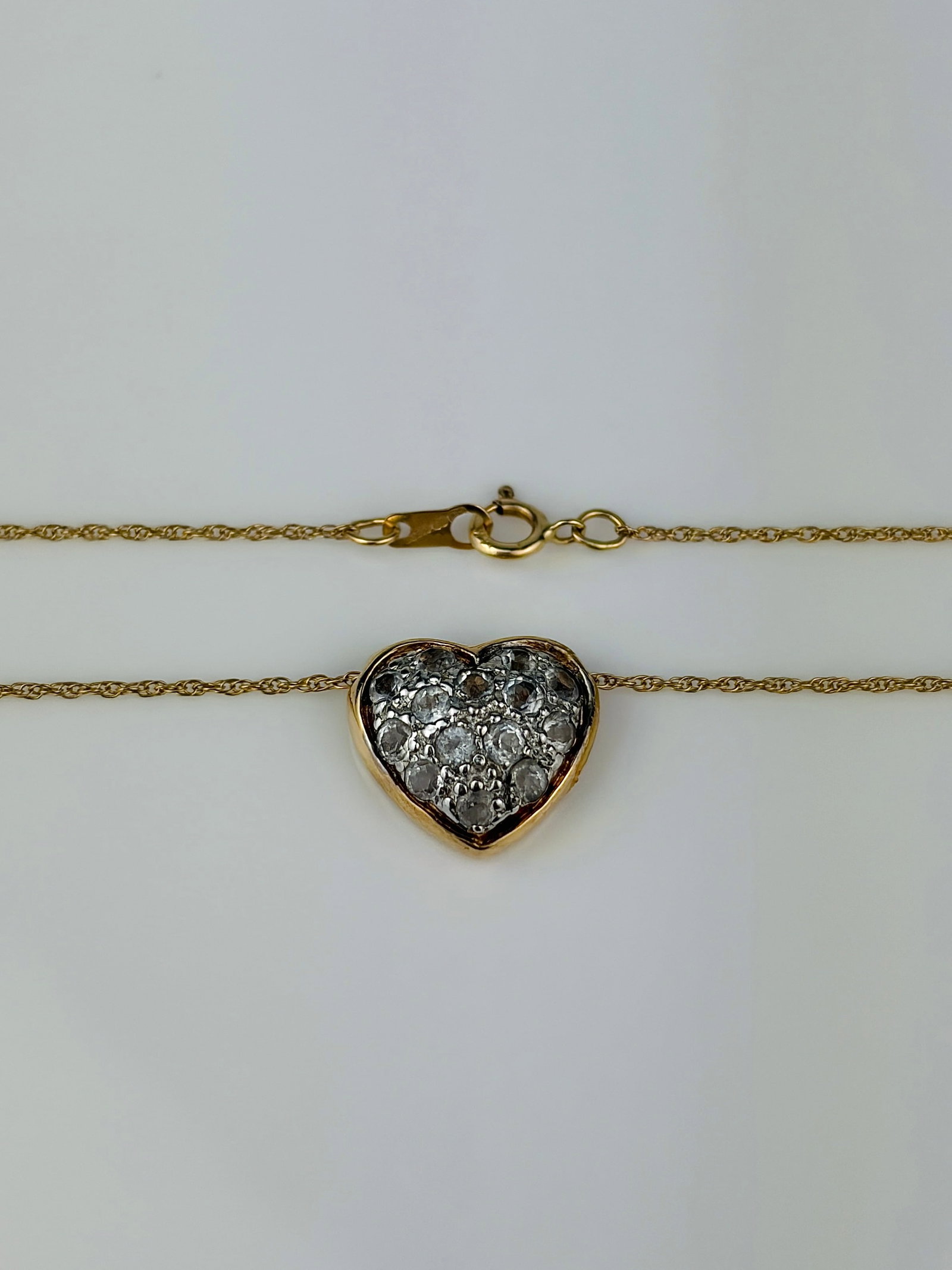 vintage 14ct yellow gold pave heart pendant on chain - 5