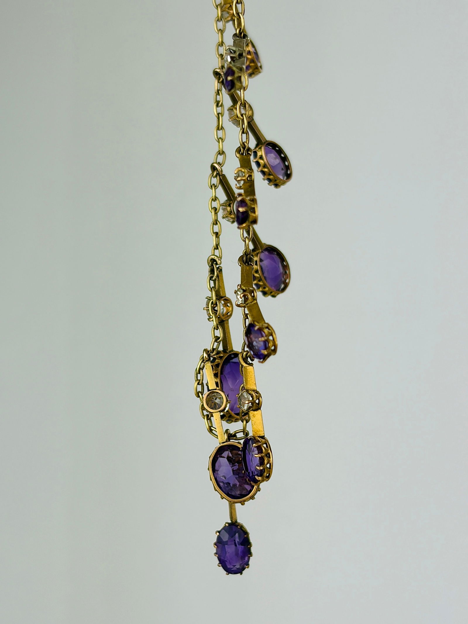 Edwardian Amethyst and Chrysoprase 9 Carat Yellow Gold fringe Necklace - 2