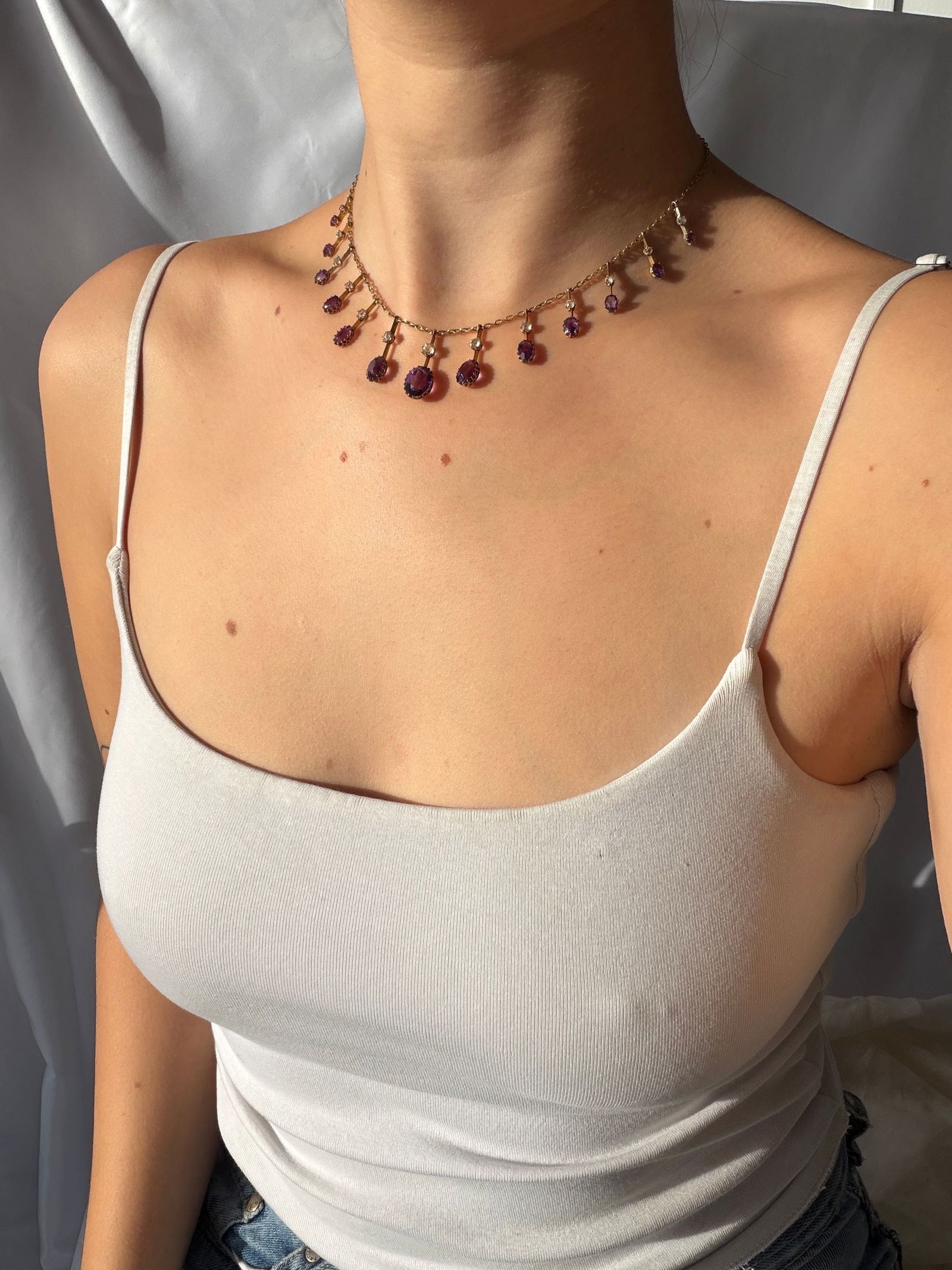 Edwardian Amethyst and Chrysoprase 9 Carat Yellow Gold fringe Necklace - 7