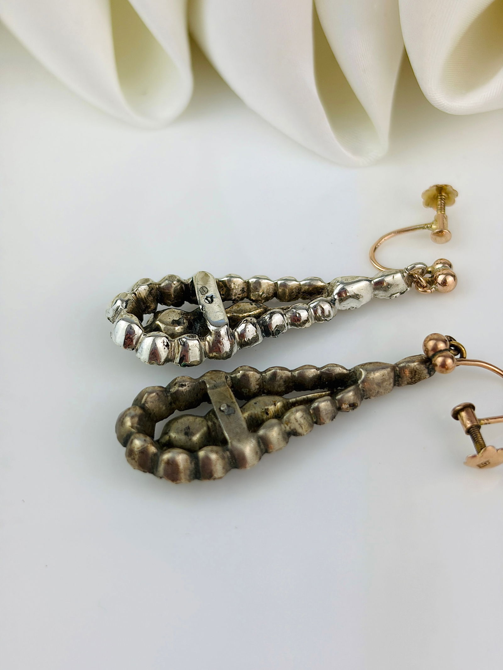 Antique Paste Drop Earrings with Gold Tops and Silver Backed - 3