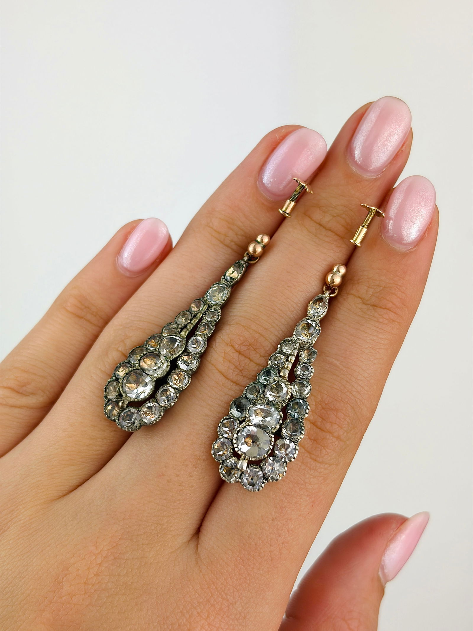 Antique Paste Drop Earrings with Gold Tops and Silver Backed - 5