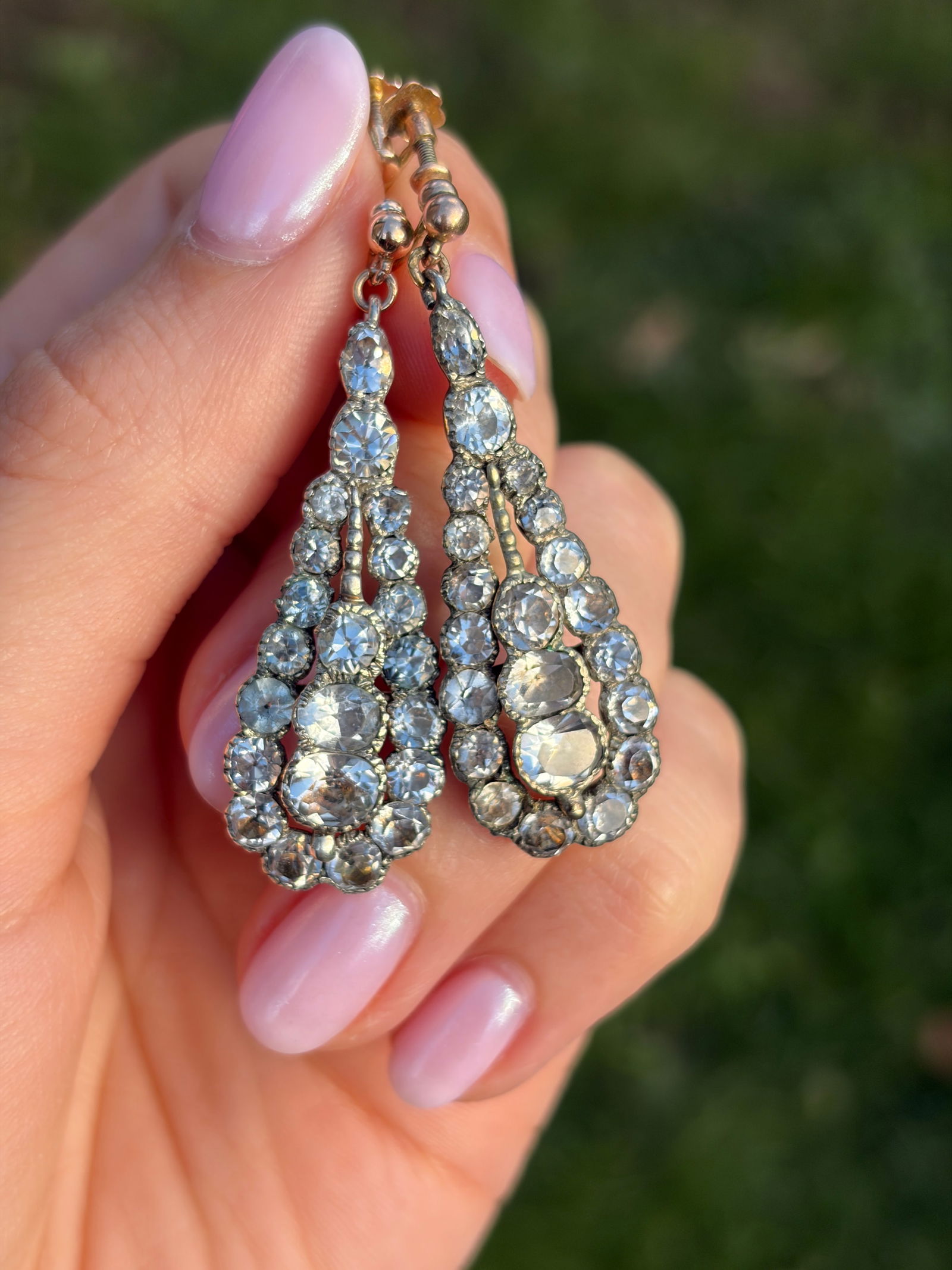 Antique Paste Drop Earrings with Gold Tops and Silver Backed - 8