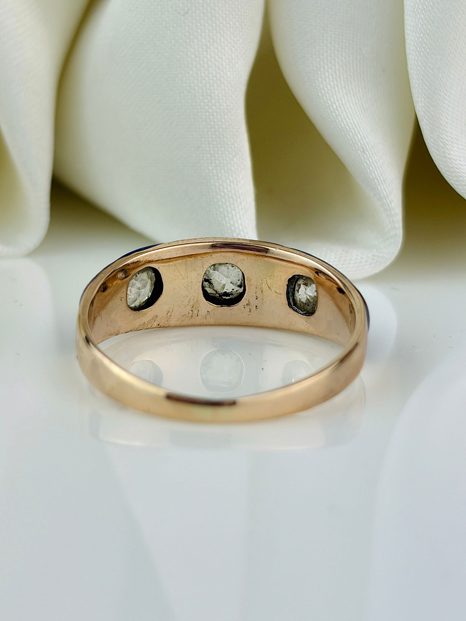 Antique 15ct yellow gold blue enamel 60pts diamond 3 stone star ring - 3