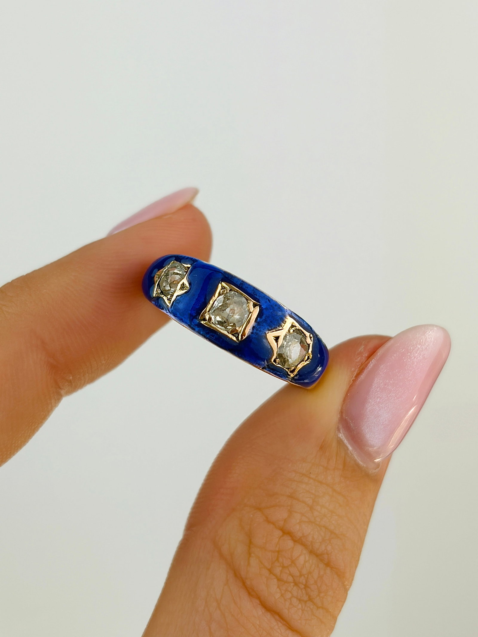 Antique 15ct yellow gold blue enamel 60pts diamond 3 stone star ring - 5