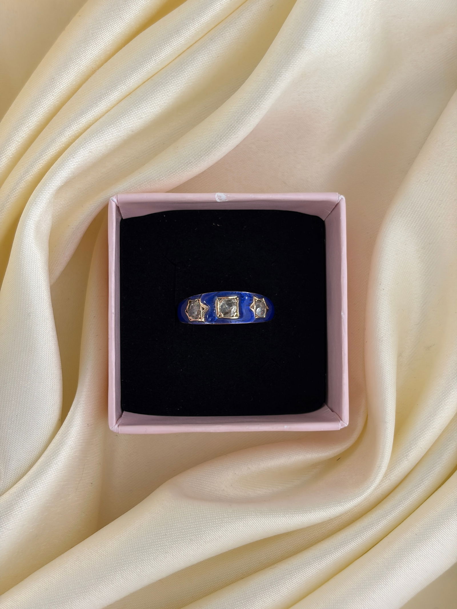 Antique 15ct yellow gold blue enamel 60pts diamond 3 stone star ring - 7