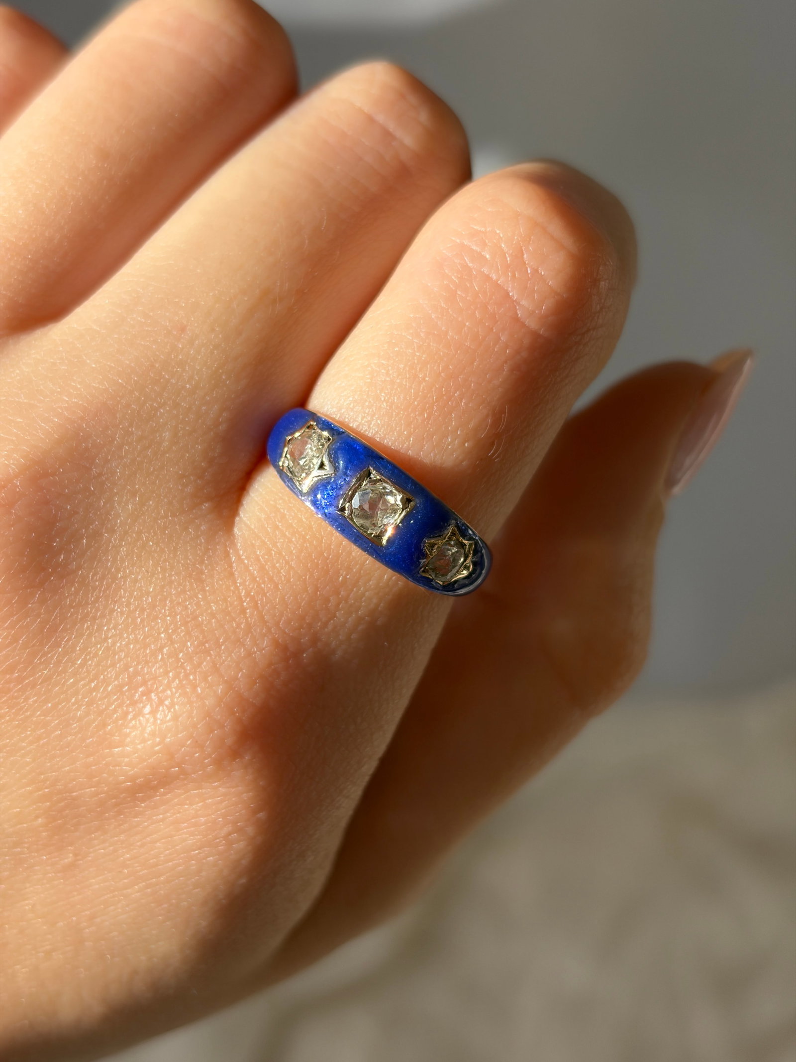 Antique 15ct yellow gold blue enamel 60pts diamond 3 stone star ring - 8