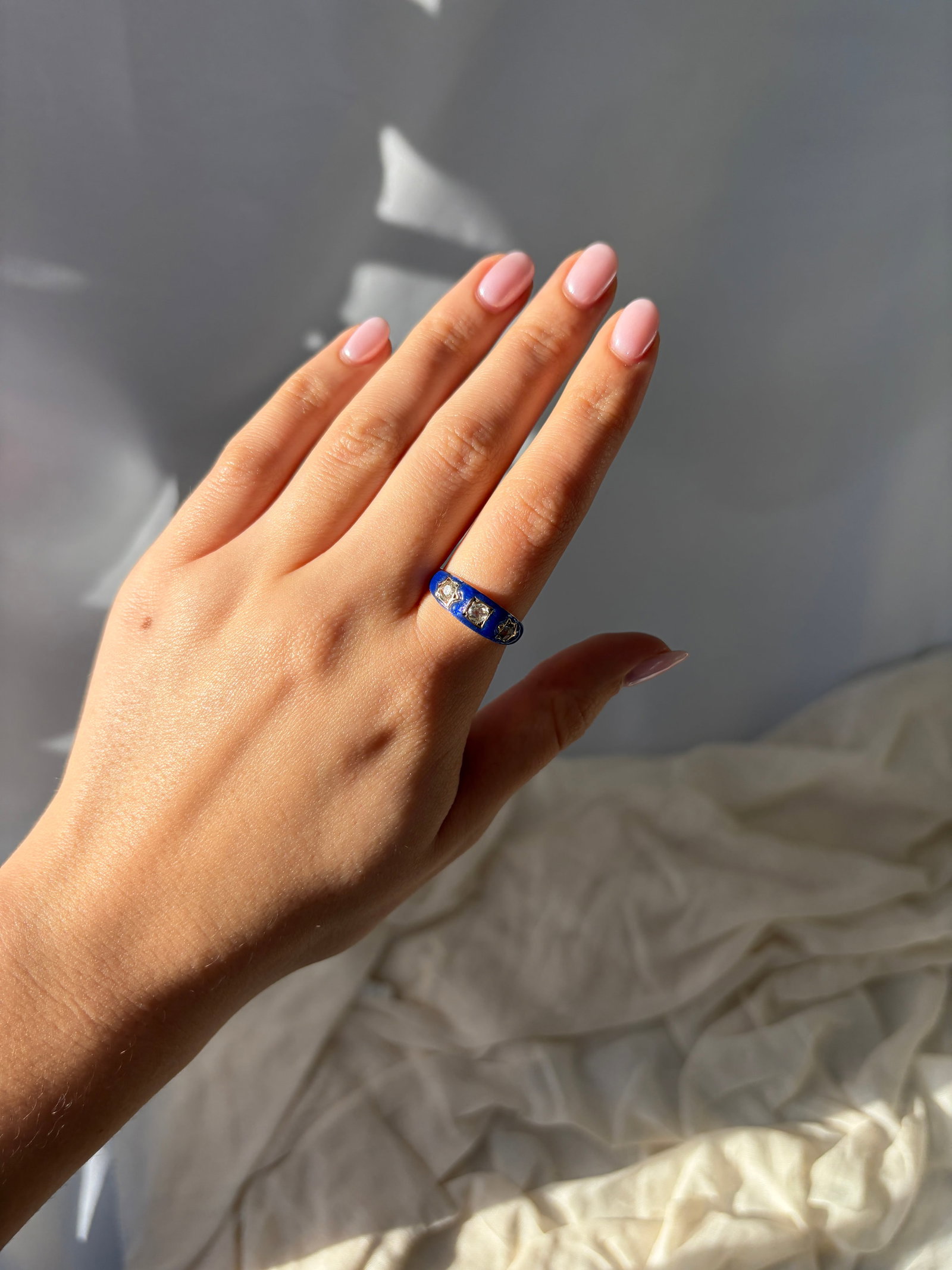 Antique 15ct yellow gold blue enamel 60pts diamond 3 stone star ring - 9