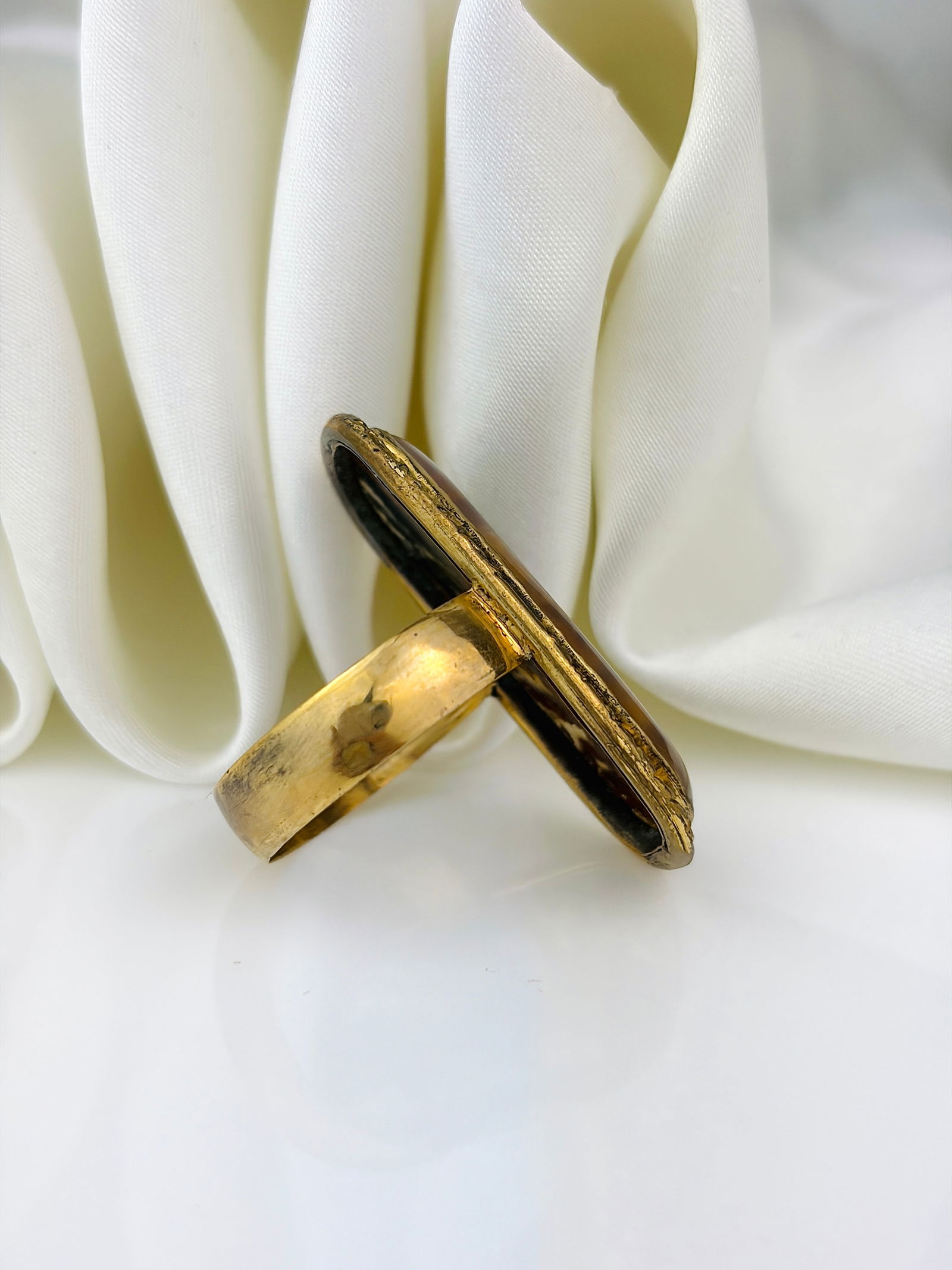 huge gold moss agate navette ring - 2