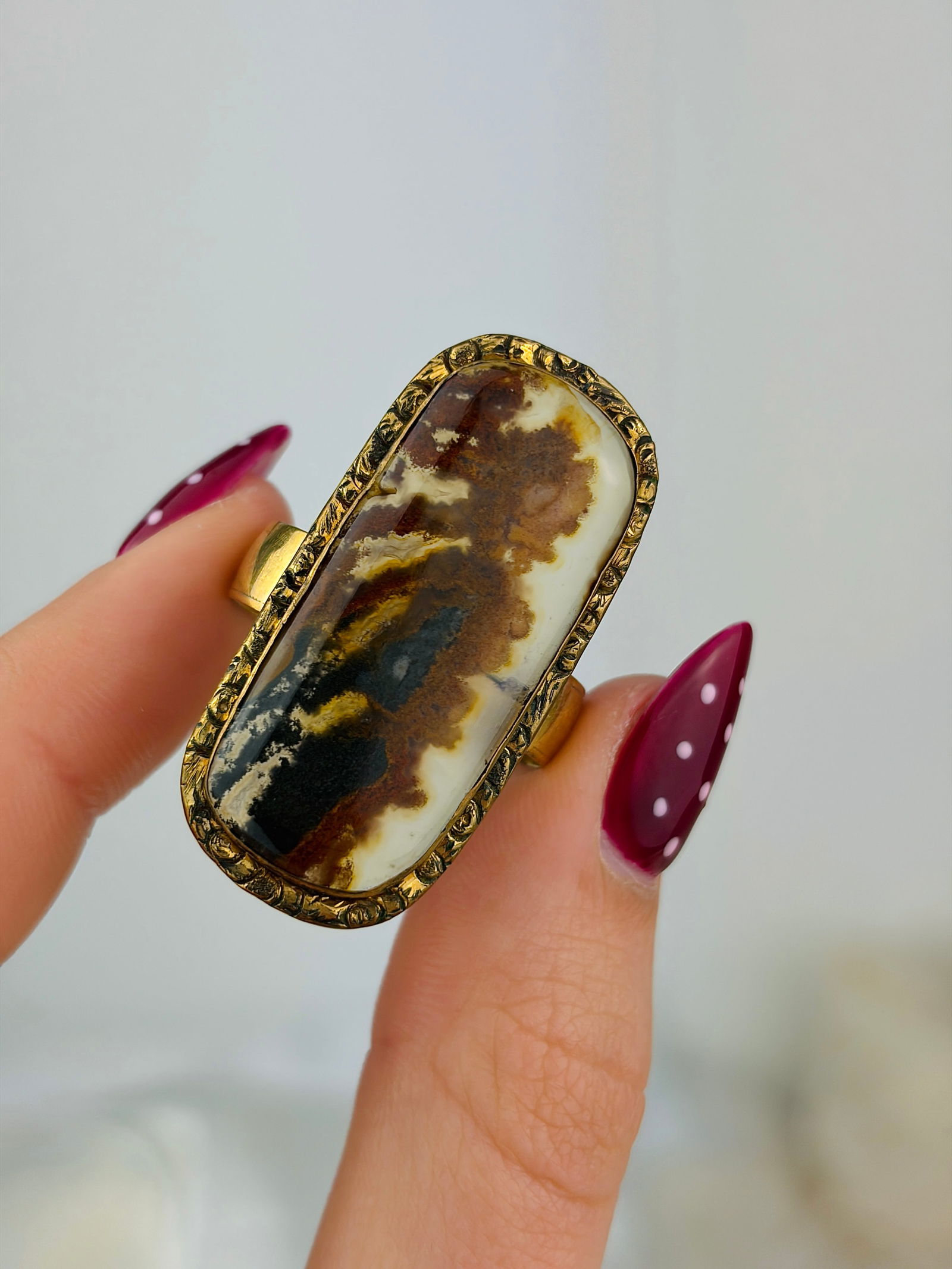huge gold moss agate navette ring - 4