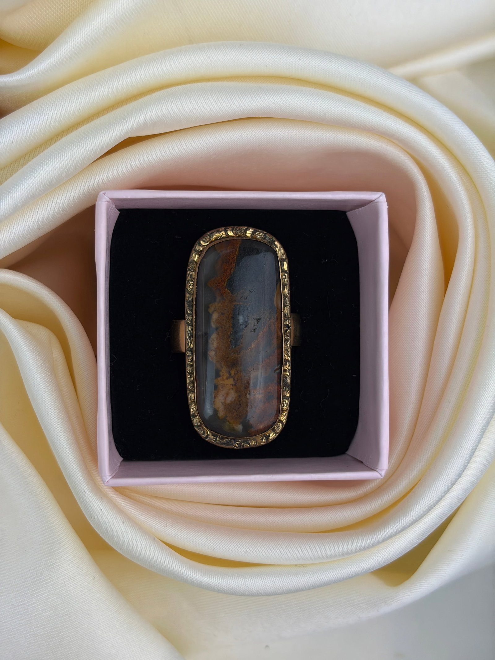 huge gold moss agate navette ring - 8