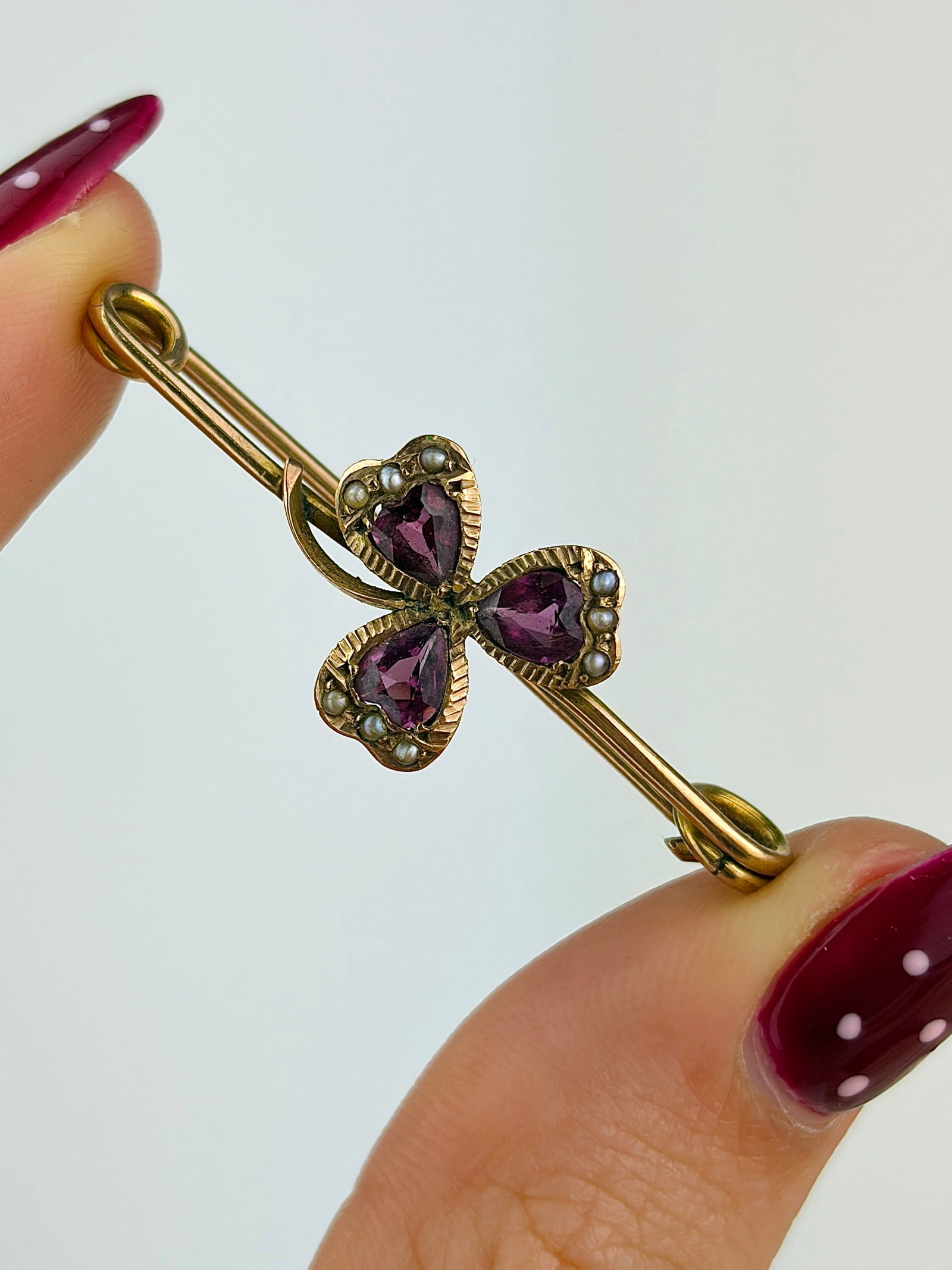 antique 9ct gold amethyst and pearl flower bar brooch (1 of 5)