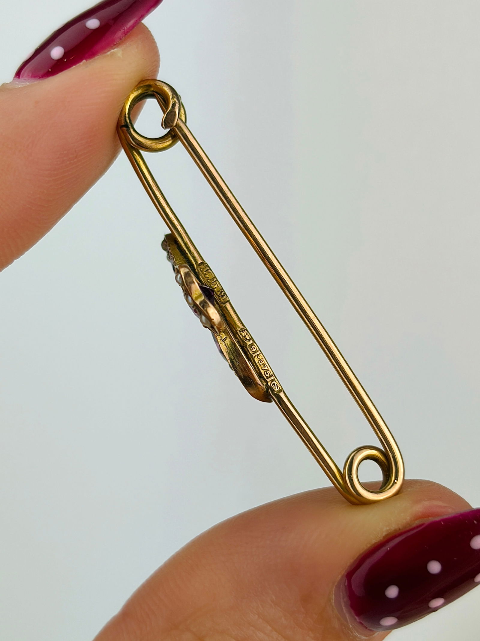 antique 9ct gold amethyst and pearl flower bar brooch - 2