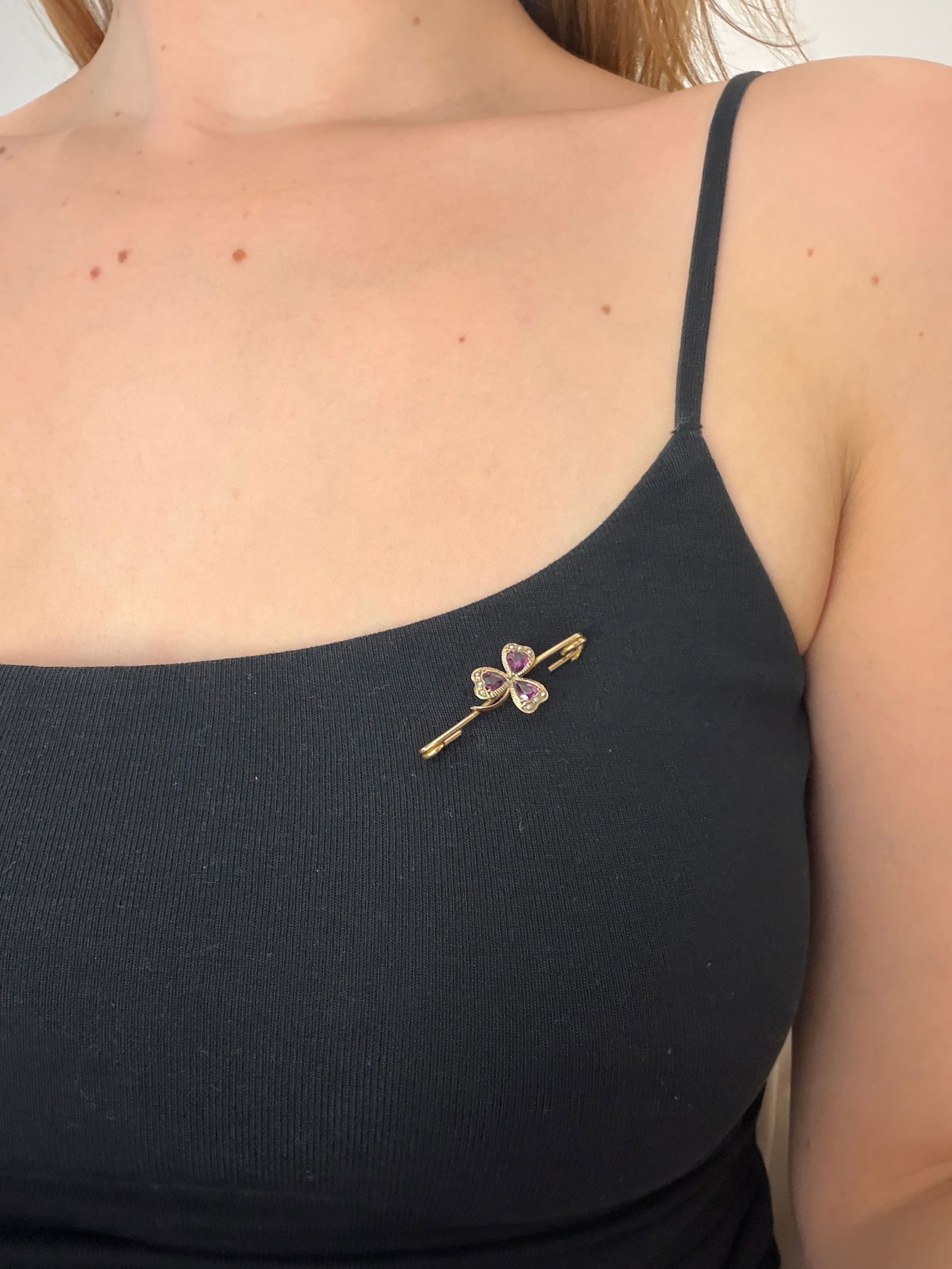 antique 9ct gold amethyst and pearl flower bar brooch - 4