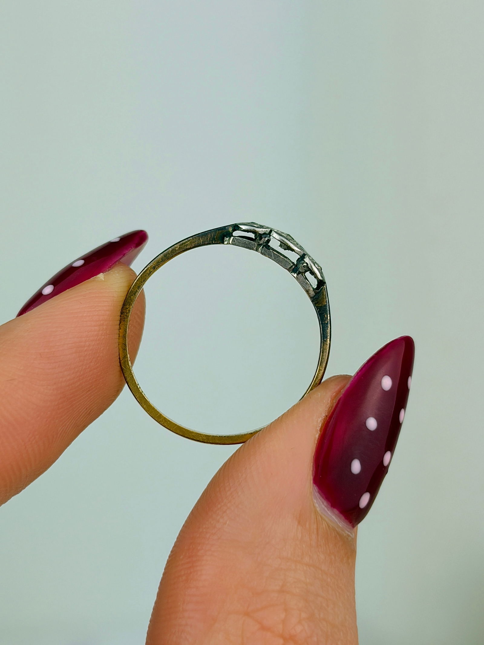 antique 18ct yellow gold and platinum diamond 3 stone ring - 6