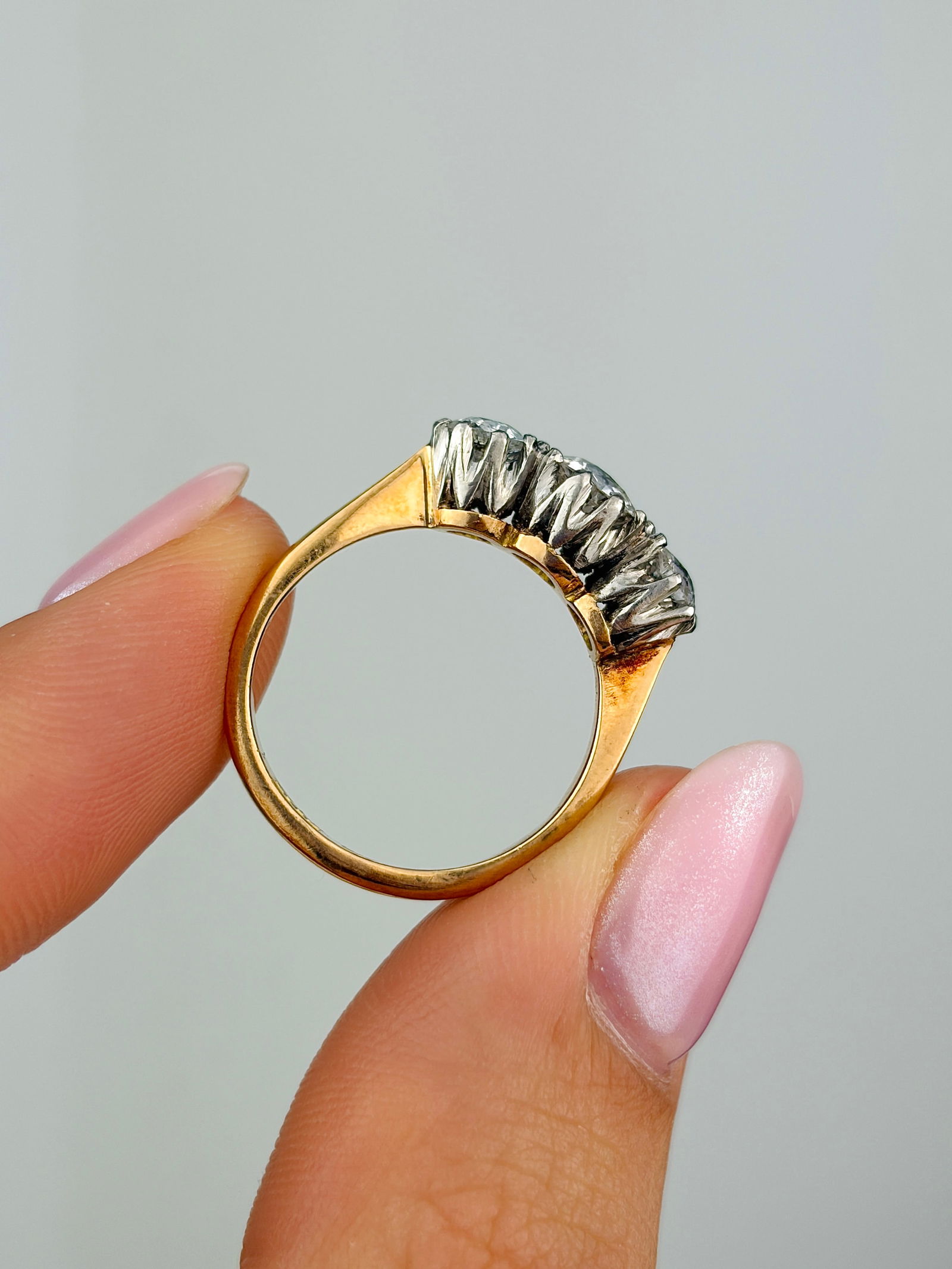 Edwardian 1.40ct Diamond and 18 Carat Gold and Platinum Three Stone Ring - 5