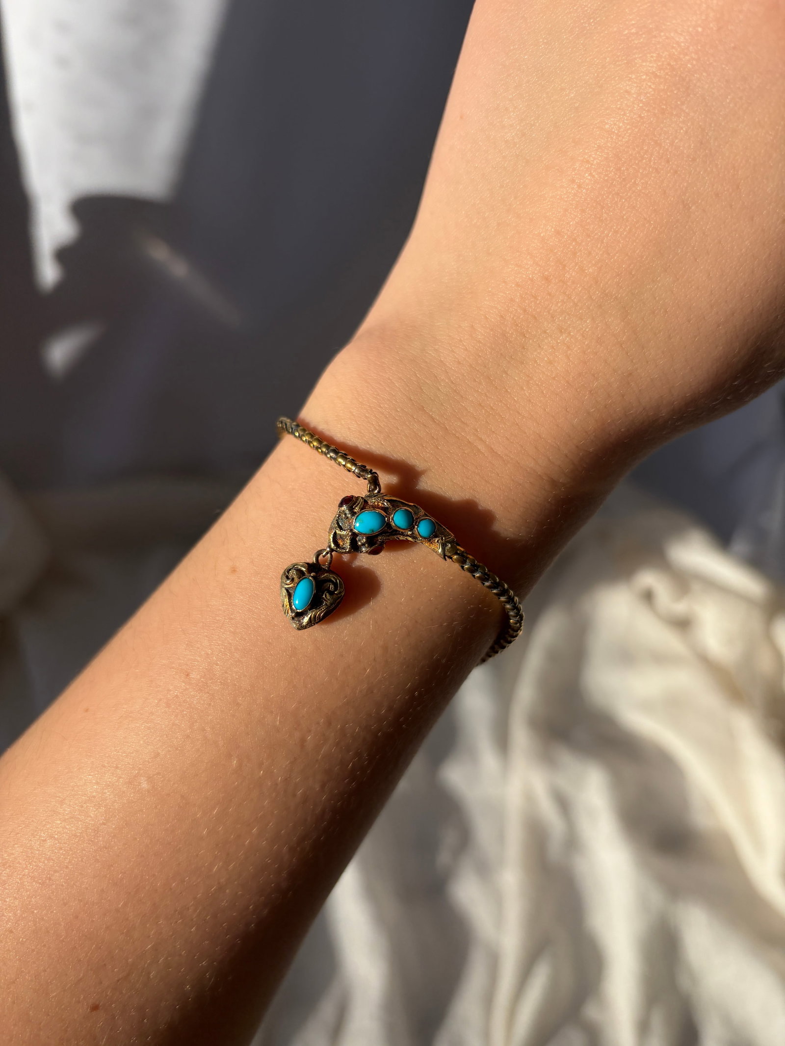 Antique Yellow Gold Turquoise Snake Bracelet in Fitted Box - 9