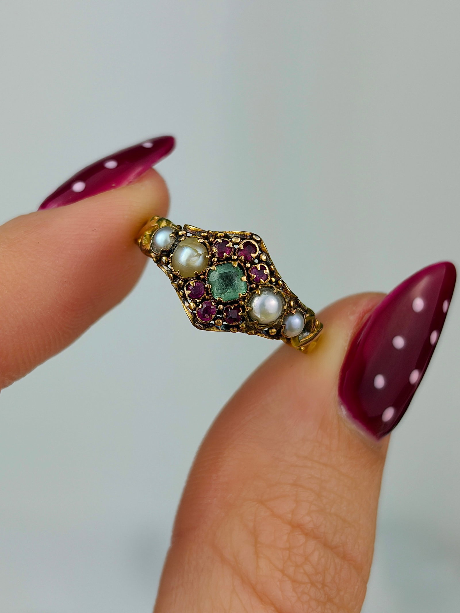 antique 18ct gold pearl ruby and emerald gemset ring - 5