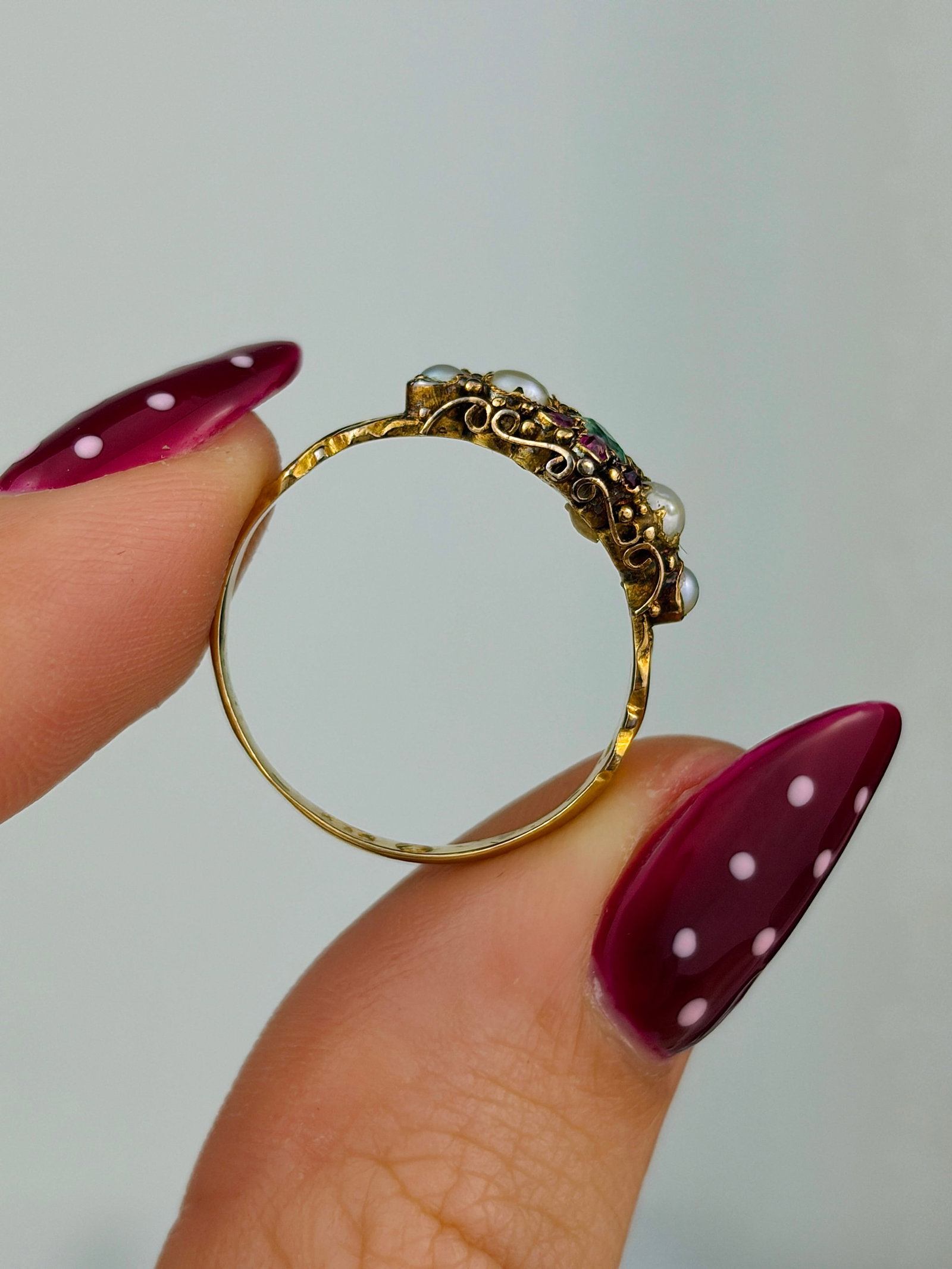 antique 18ct gold pearl ruby and emerald gemset ring - 6