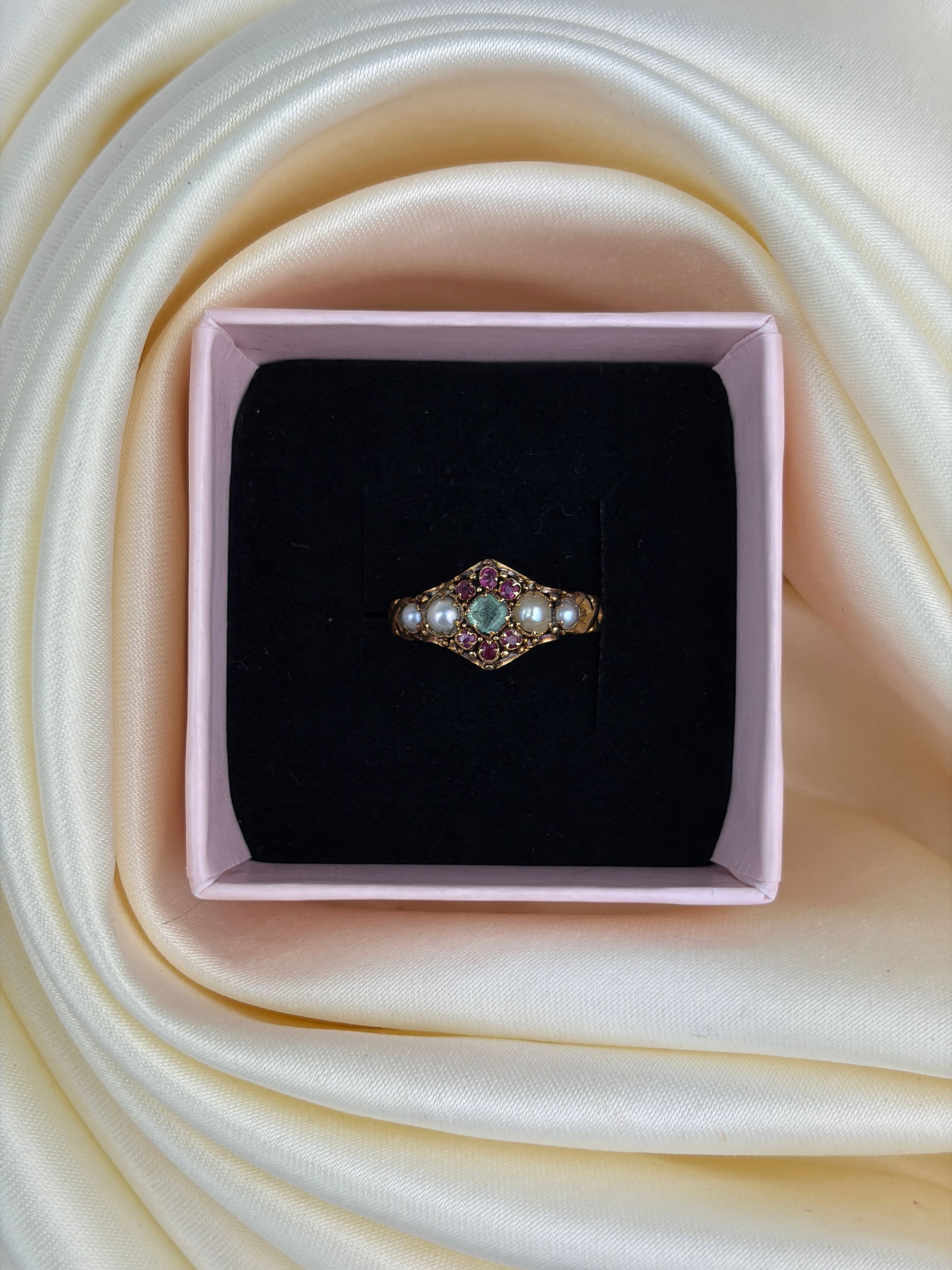 antique 18ct gold pearl ruby and emerald gemset ring - 7