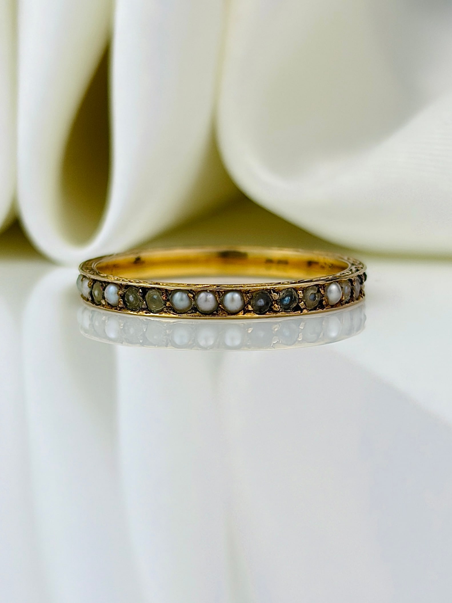antique 9ct gold pearl full eternity band ring - 2