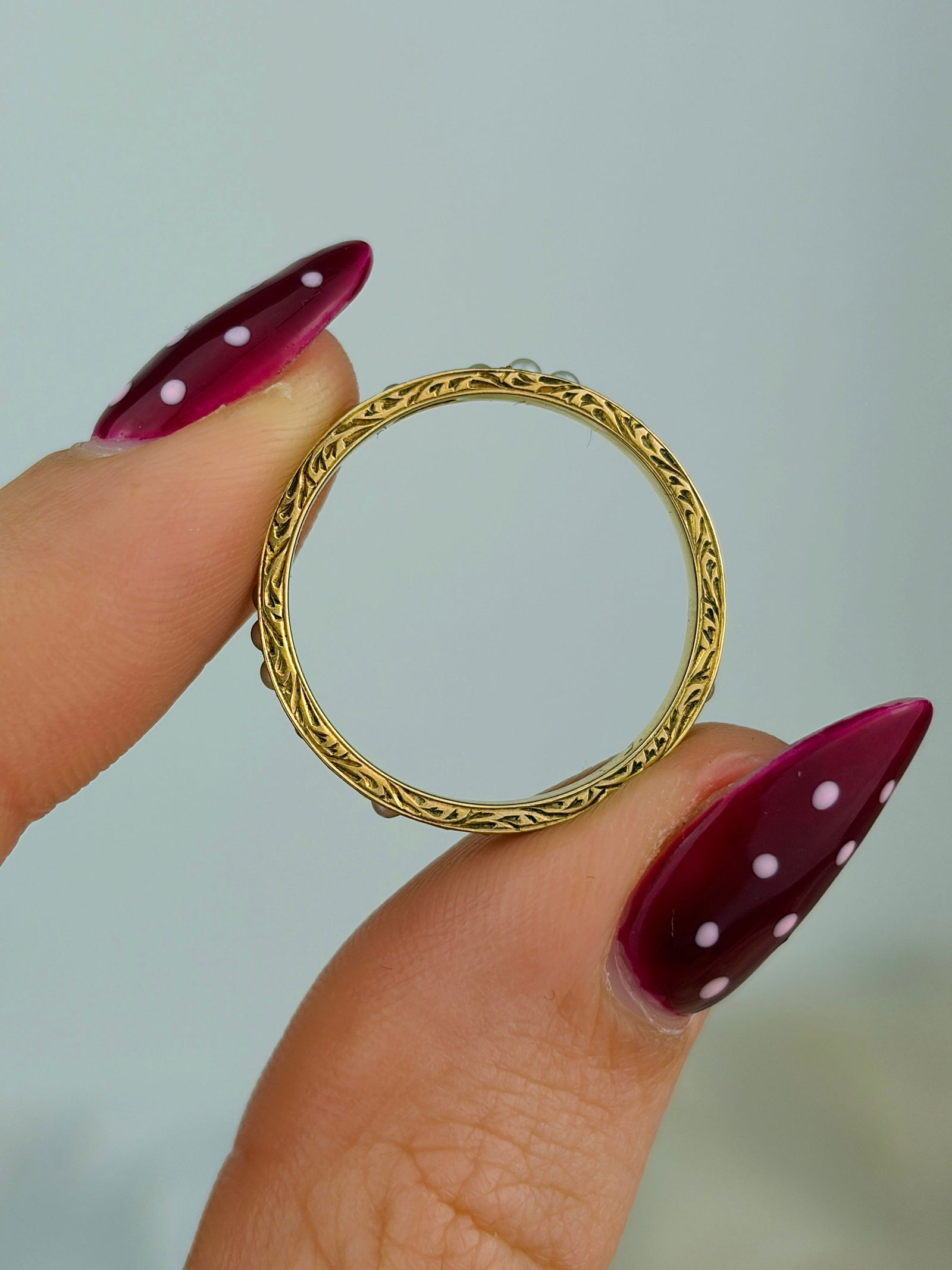 antique 9ct gold pearl full eternity band ring - 5