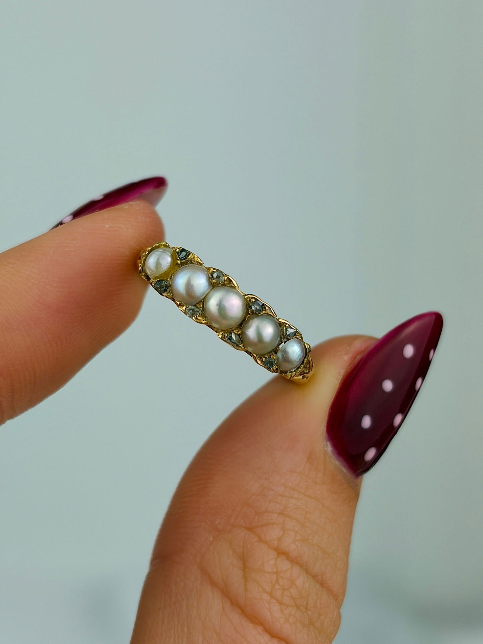 antique 18ct yellow gold pearl and diamond 5 stone ring - 5