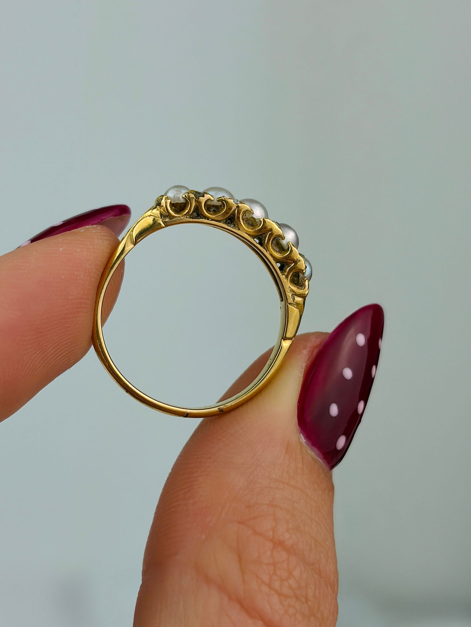 antique 18ct yellow gold pearl and diamond 5 stone ring - 6