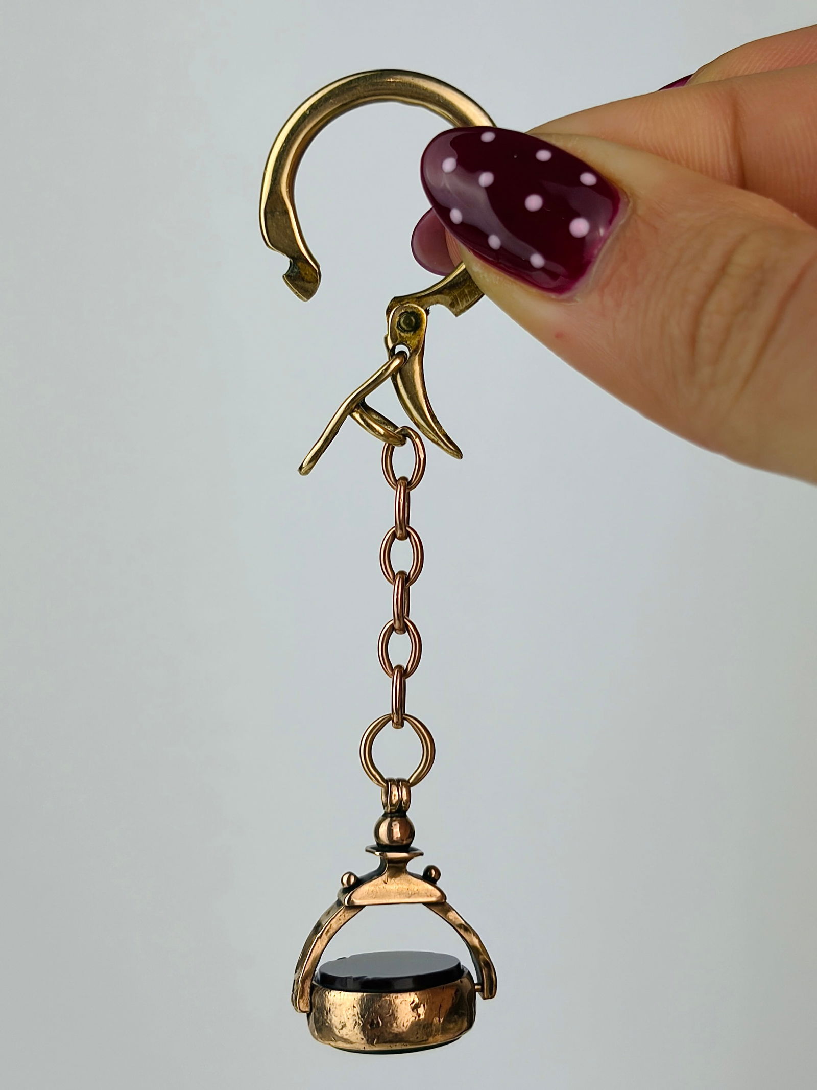 antique 9ct gold heavy spinning fob seal and clip chain extender - 2