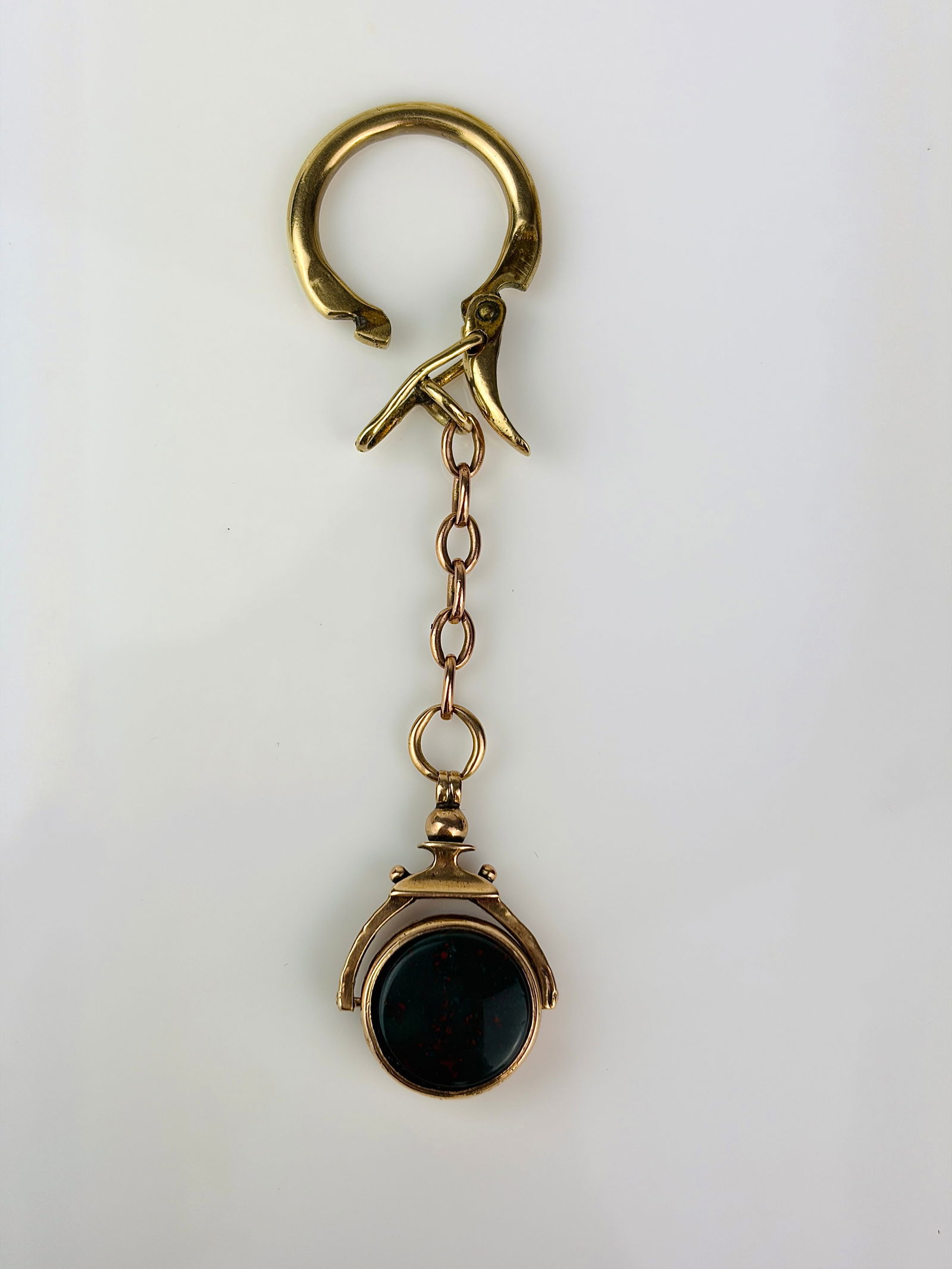 antique 9ct gold heavy spinning fob seal and clip chain extender - 4