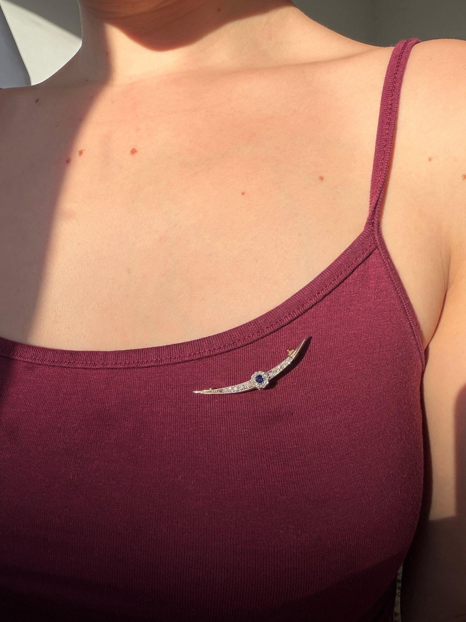 Antique Gold Sapphire and Diamond Crescent / Flower Brooch in Fitted Box - 10