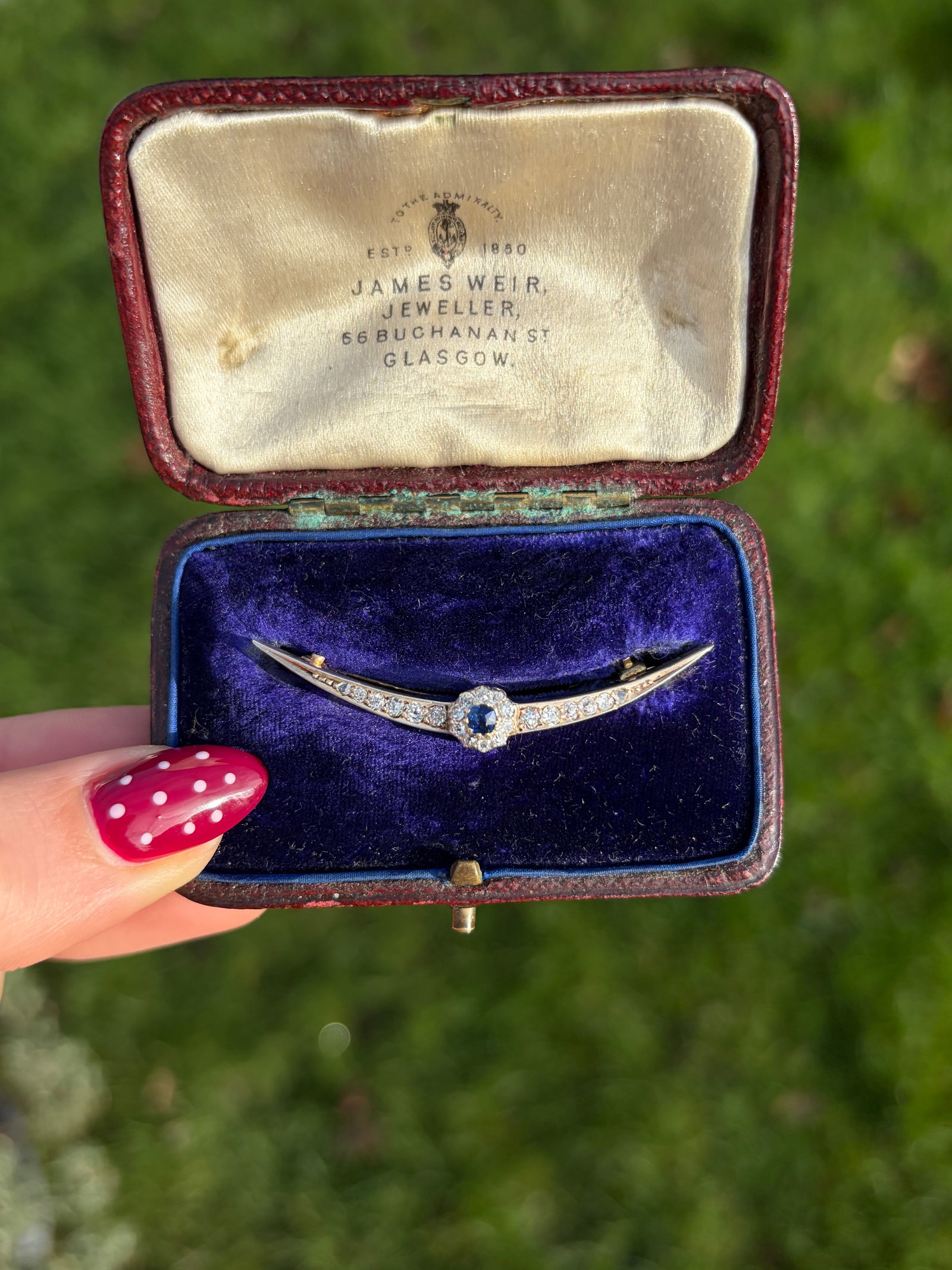 Antique Gold Sapphire and Diamond Crescent / Flower Brooch in Fitted Box - 12