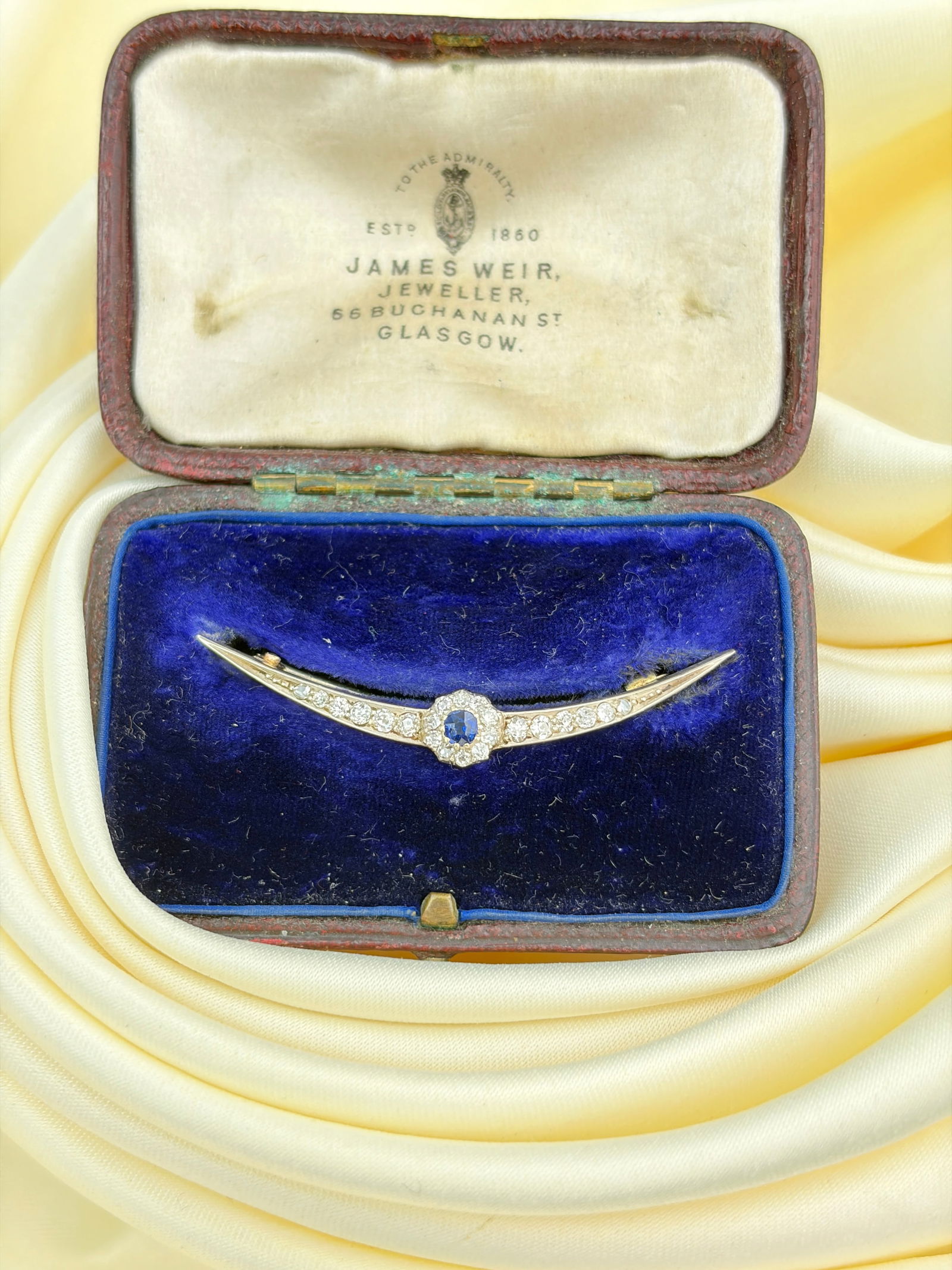 Antique Gold Sapphire and Diamond Crescent / Flower Brooch in Fitted Box - 2