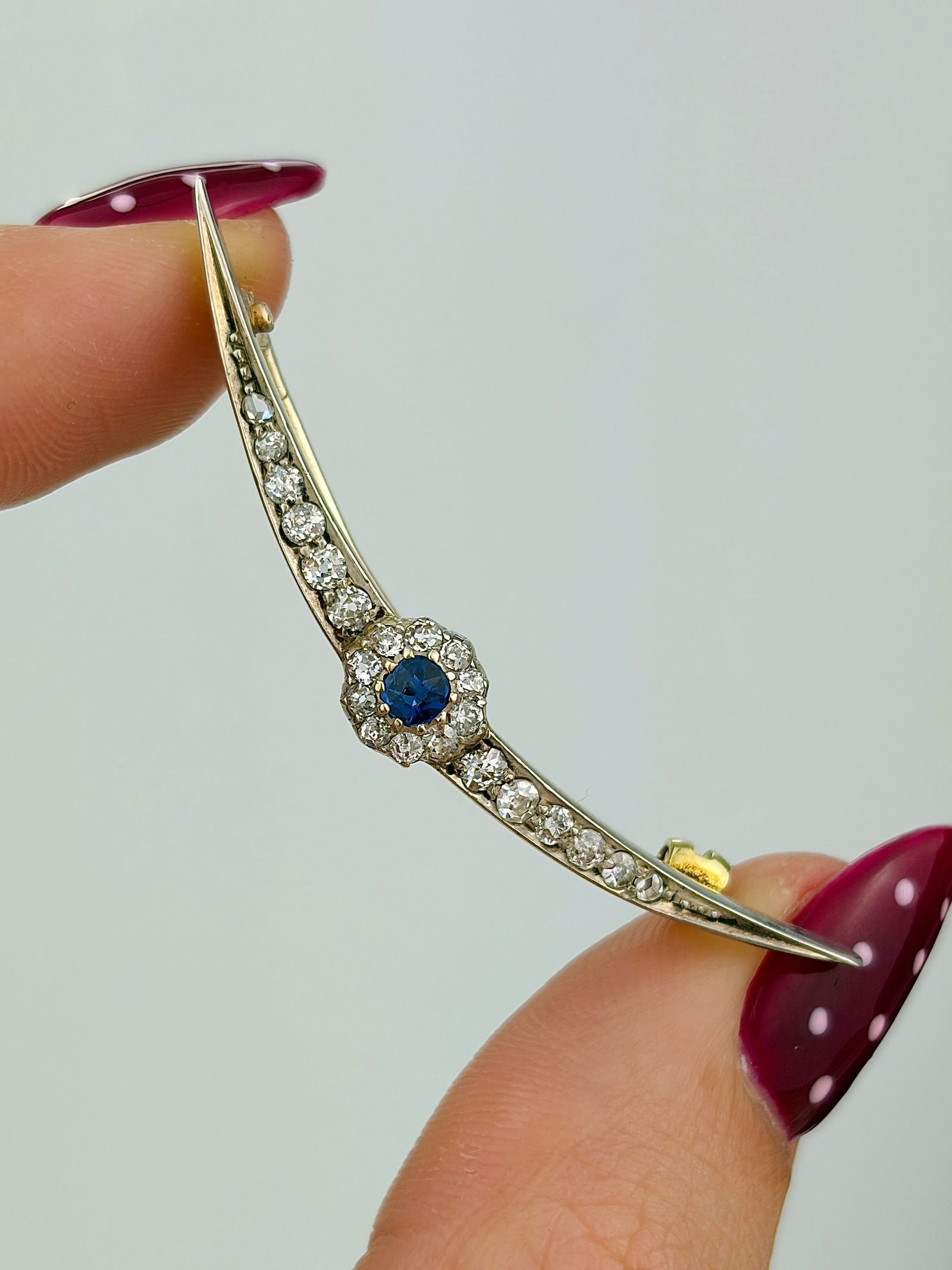 Antique Gold Sapphire and Diamond Crescent / Flower Brooch in Fitted Box - 4