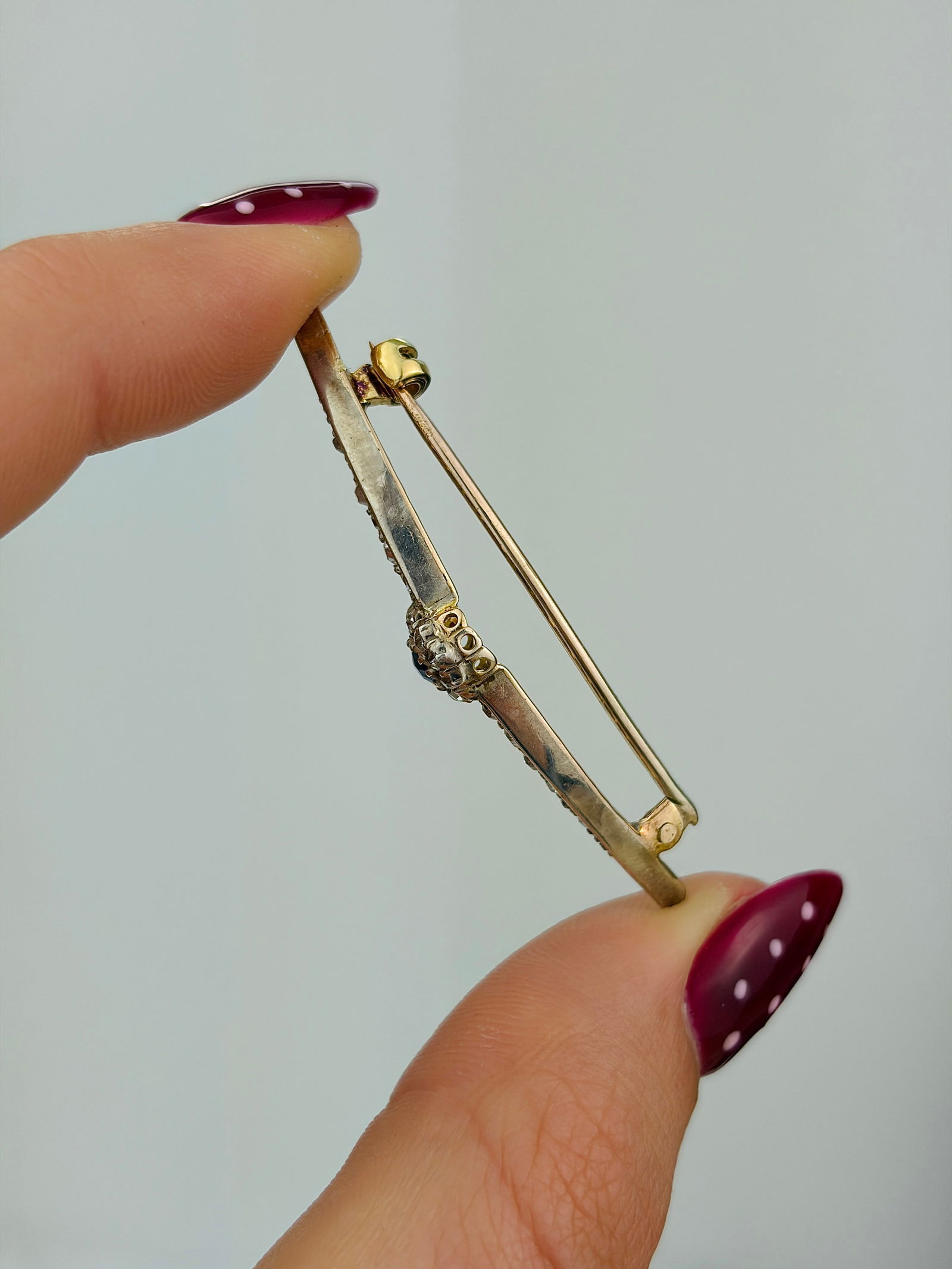 Antique Gold Sapphire and Diamond Crescent / Flower Brooch in Fitted Box - 6