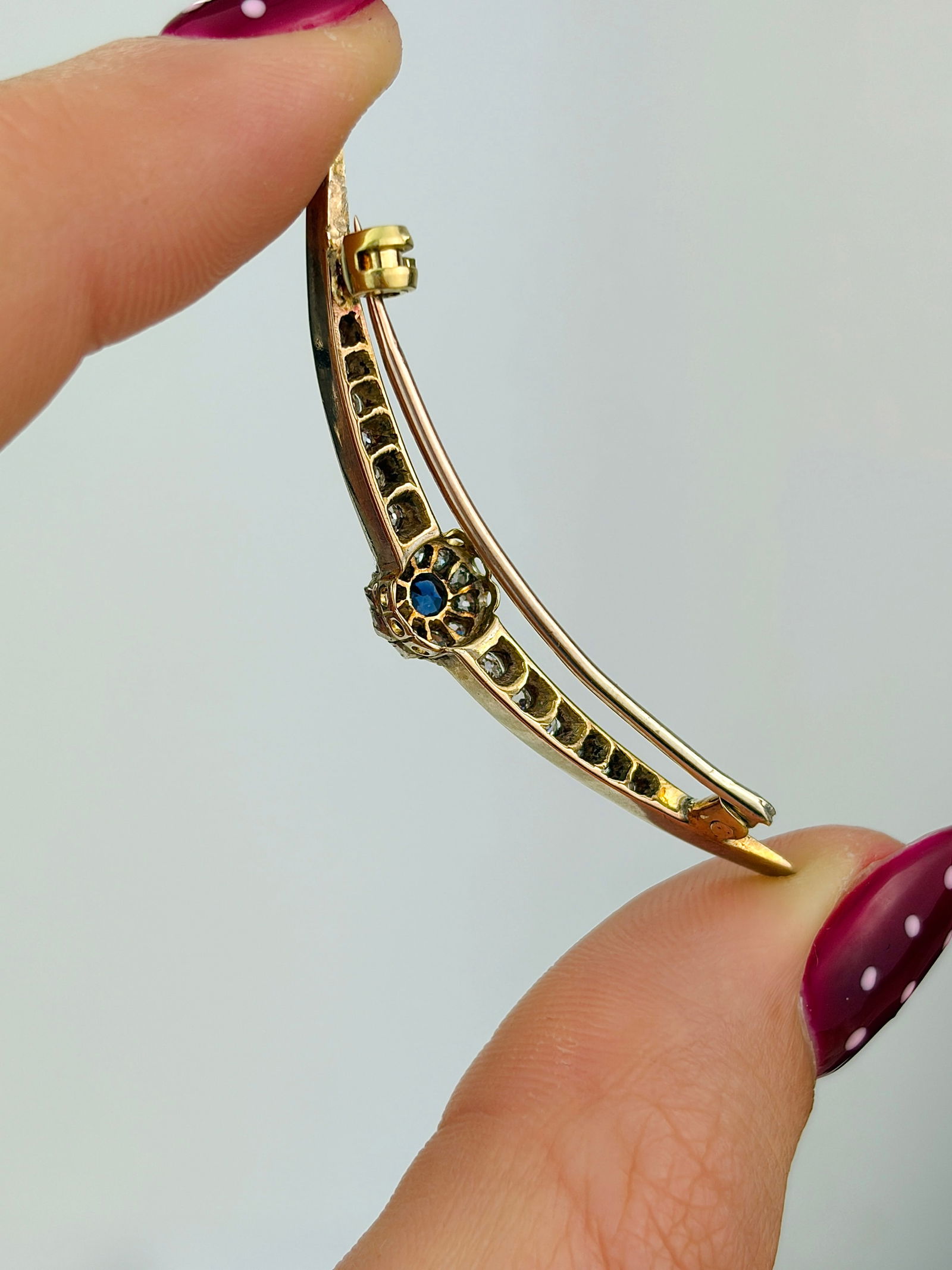 Antique Gold Sapphire and Diamond Crescent / Flower Brooch in Fitted Box - 7