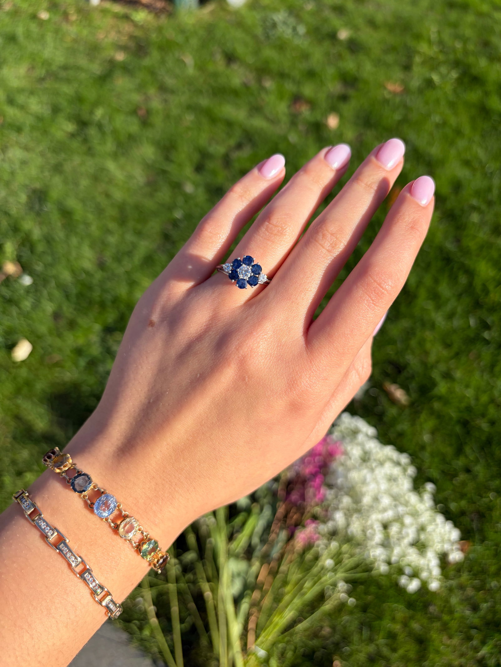 Chunky Vintage Sapphire and Diamond Platinum Cluster Ring - 11