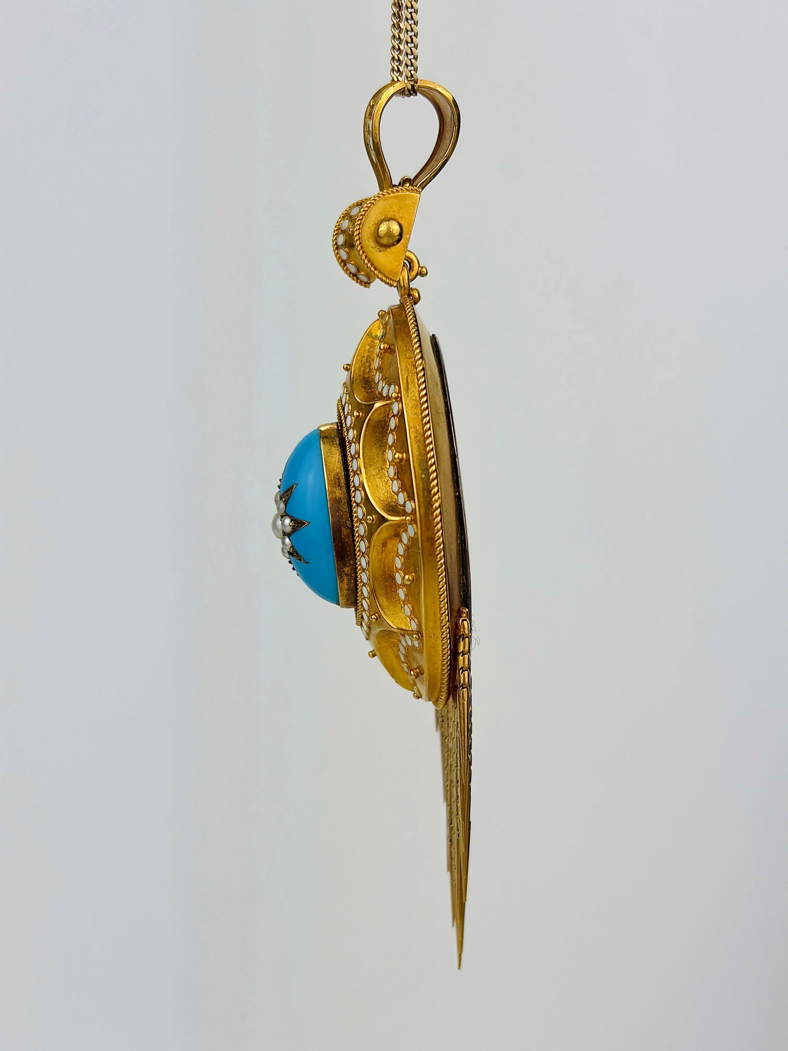 Outstanding Antique Huge 18ct Yellow Gold Blue Enamel Tassel Locket Back Pendant in Fitted Box - 4