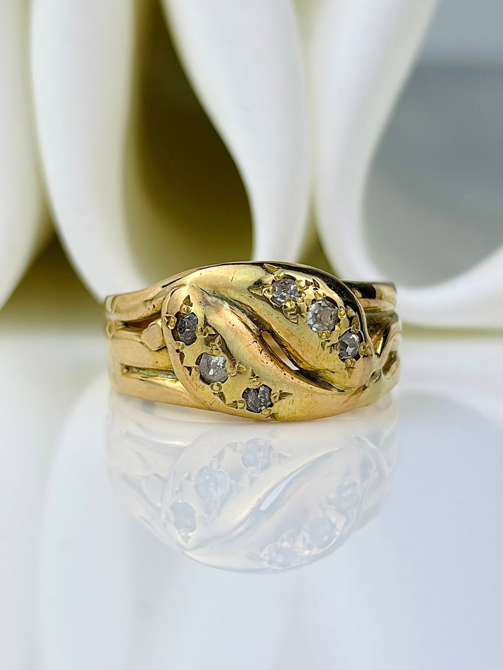 chunky antique 18ct yellow gold diamond double snake ring (1 of 9)