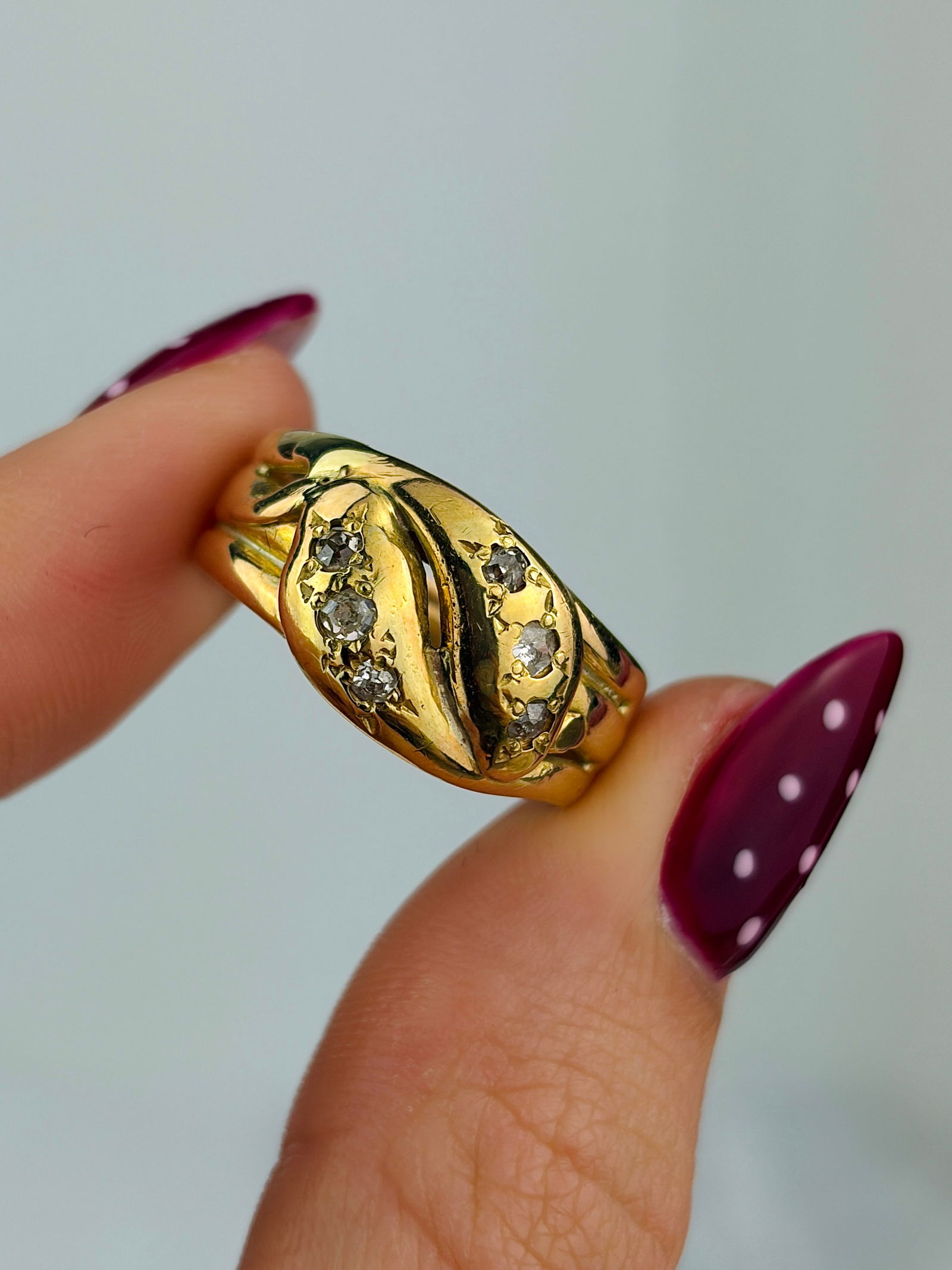 chunky antique 18ct yellow gold diamond double snake ring - 5