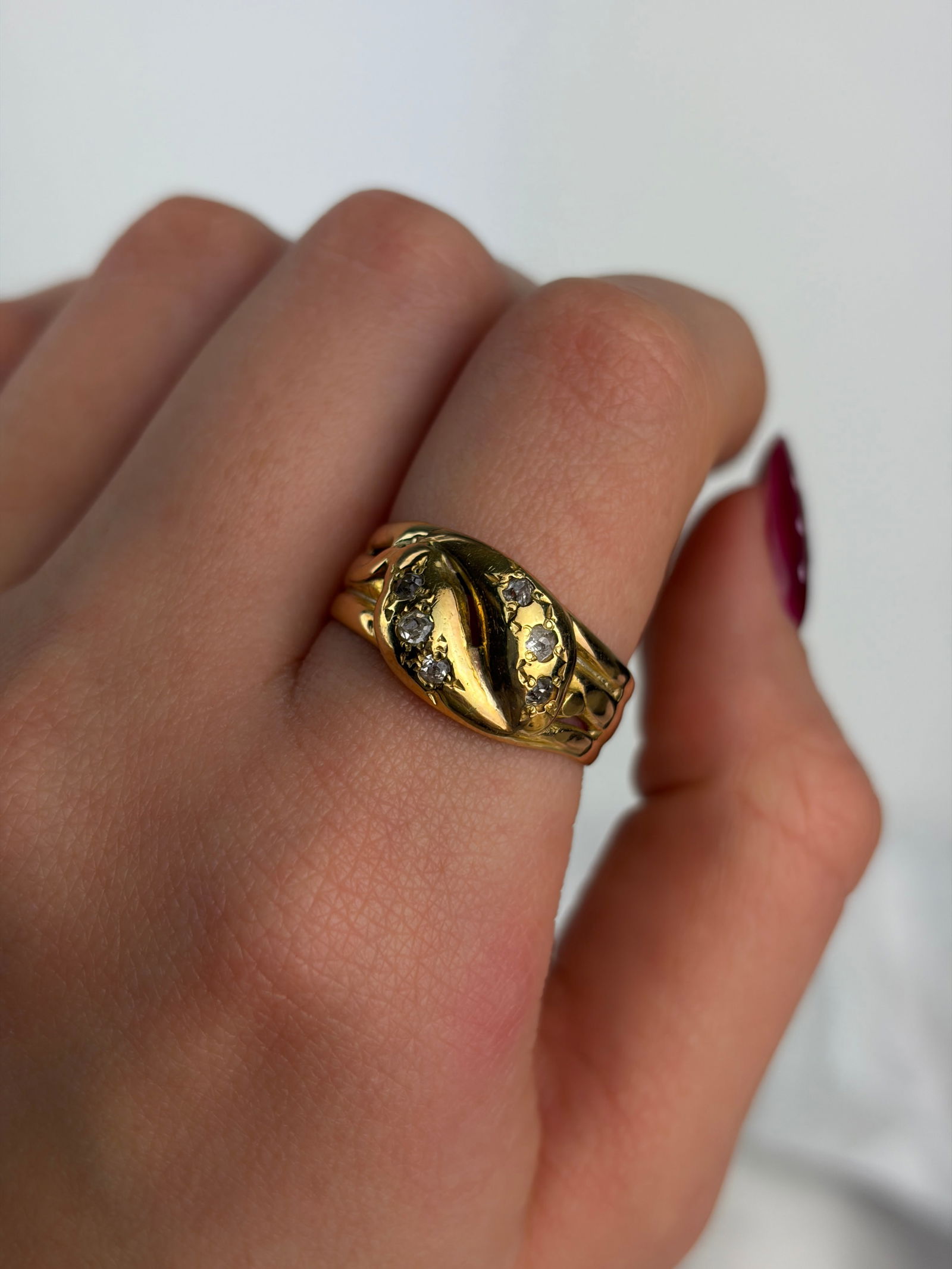 chunky antique 18ct yellow gold diamond double snake ring - 9
