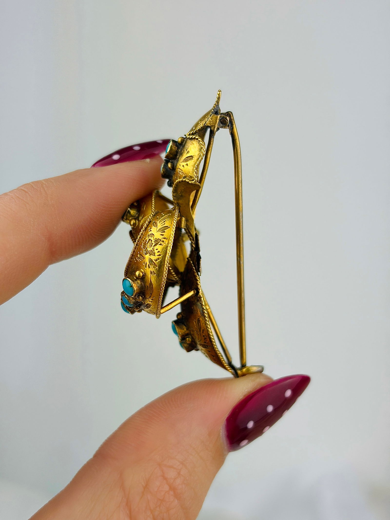 antique chunky 15ct yellow gold turquoise knot brooch - 2