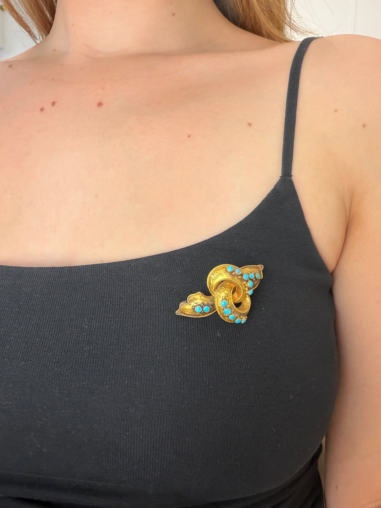 antique chunky 15ct yellow gold turquoise knot brooch - 5