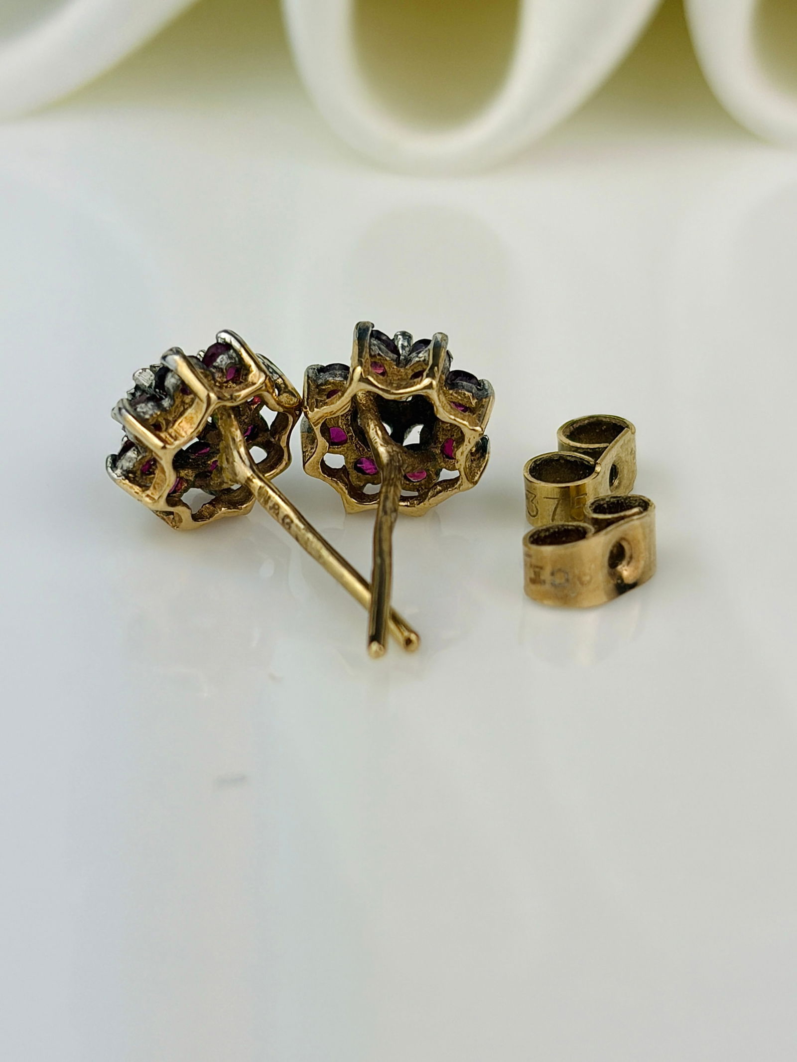 Sweet Ruby and Diamond Flower Earrings in Gold in Box - 6