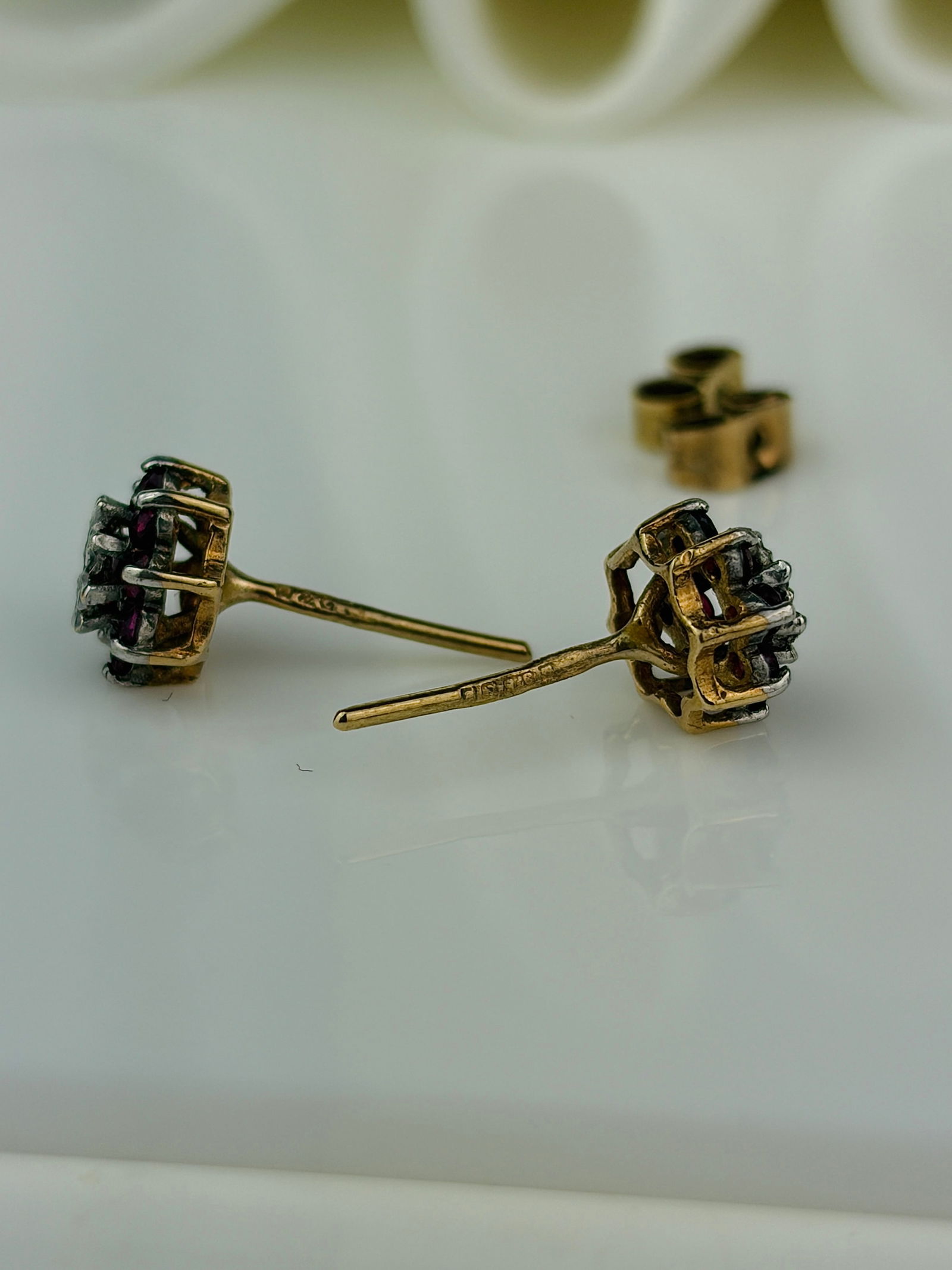 Sweet Ruby and Diamond Flower Earrings in Gold in Box - 7